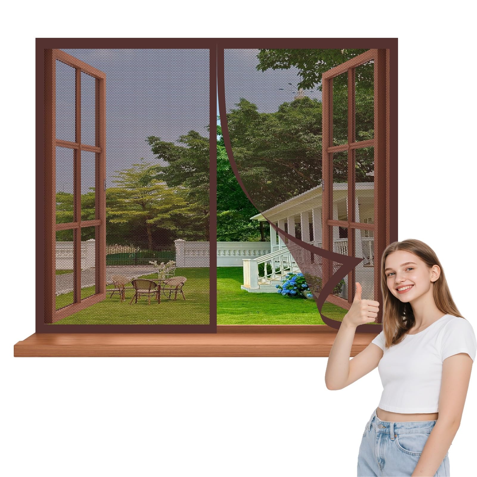 Baiyunfc Brown Magnetic Window Fly Screen 145 X 116 Cm No Drilling Required Insect Mesh Mosquito Bug Net Magnetic Closure For Windows,