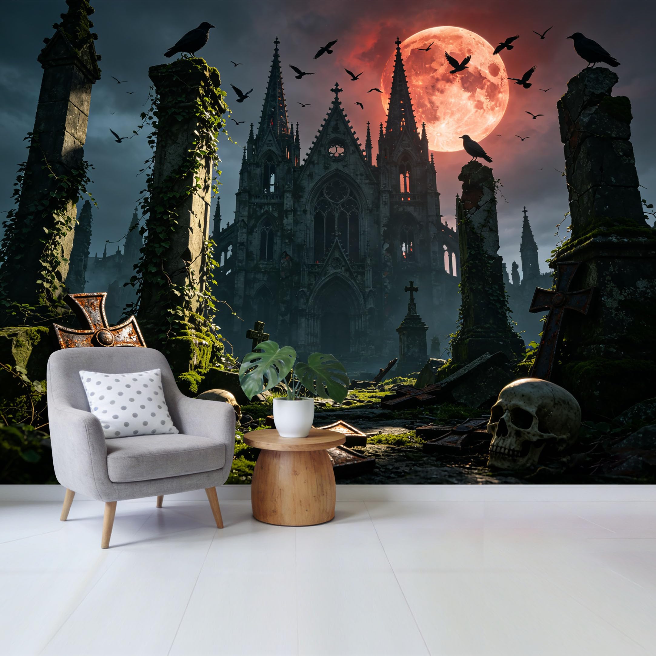 Qzlithotic Yq2605250681 Custom Size Wall Mural Gothic Cathedral Red Moon Raven Stone Cross 3D Trompe L'oeil Selfadhesive Wall Fabric Removable Wallpaper For Home Office Decor