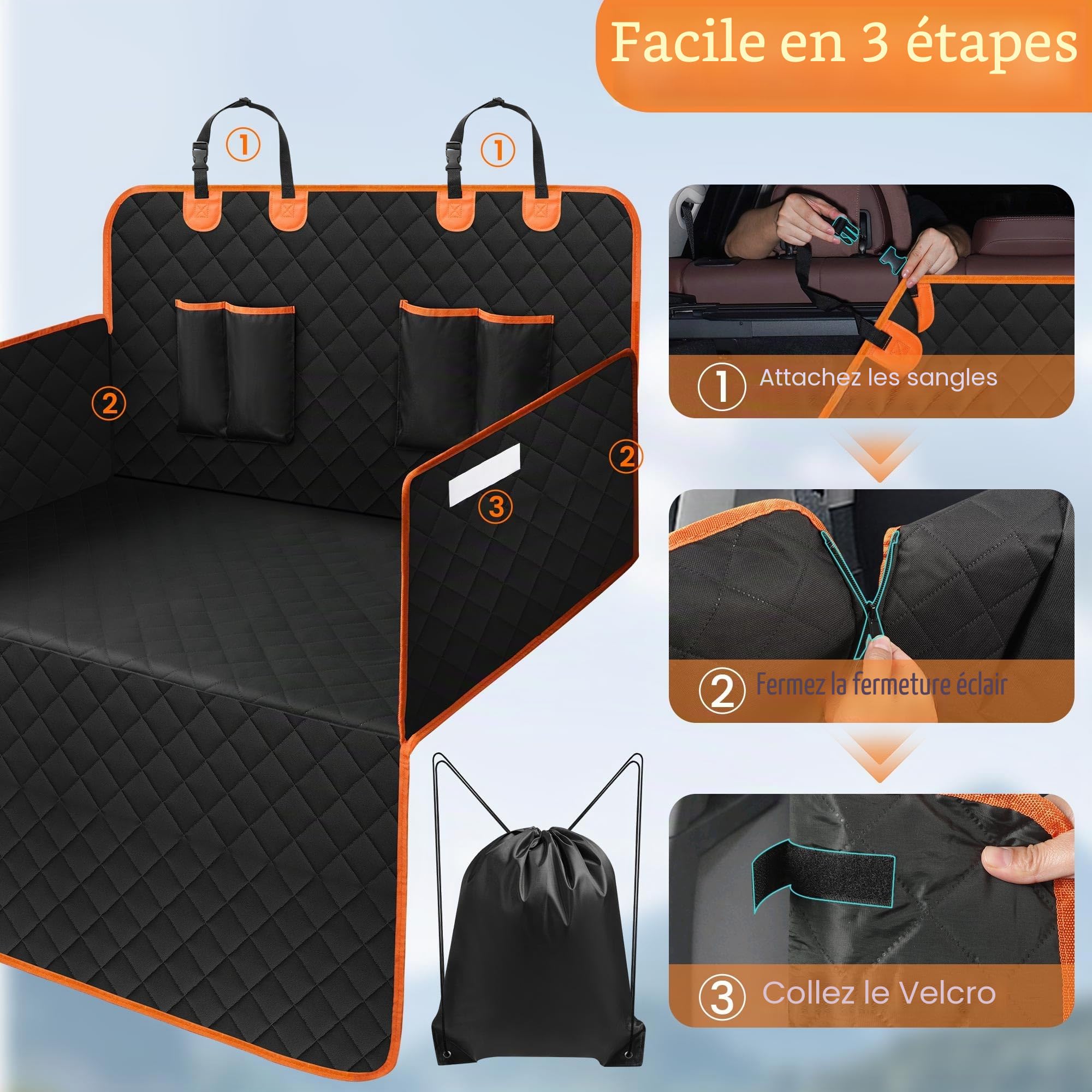 Protection Coffre Voiture Chien - Tapis de Coffre Voiture avec Protection Latérale et Pare-Chocs Arrière,Imperméable & Anti-Rayures & Entretien Facile,Housse Siege avec 2 Grandes Poches