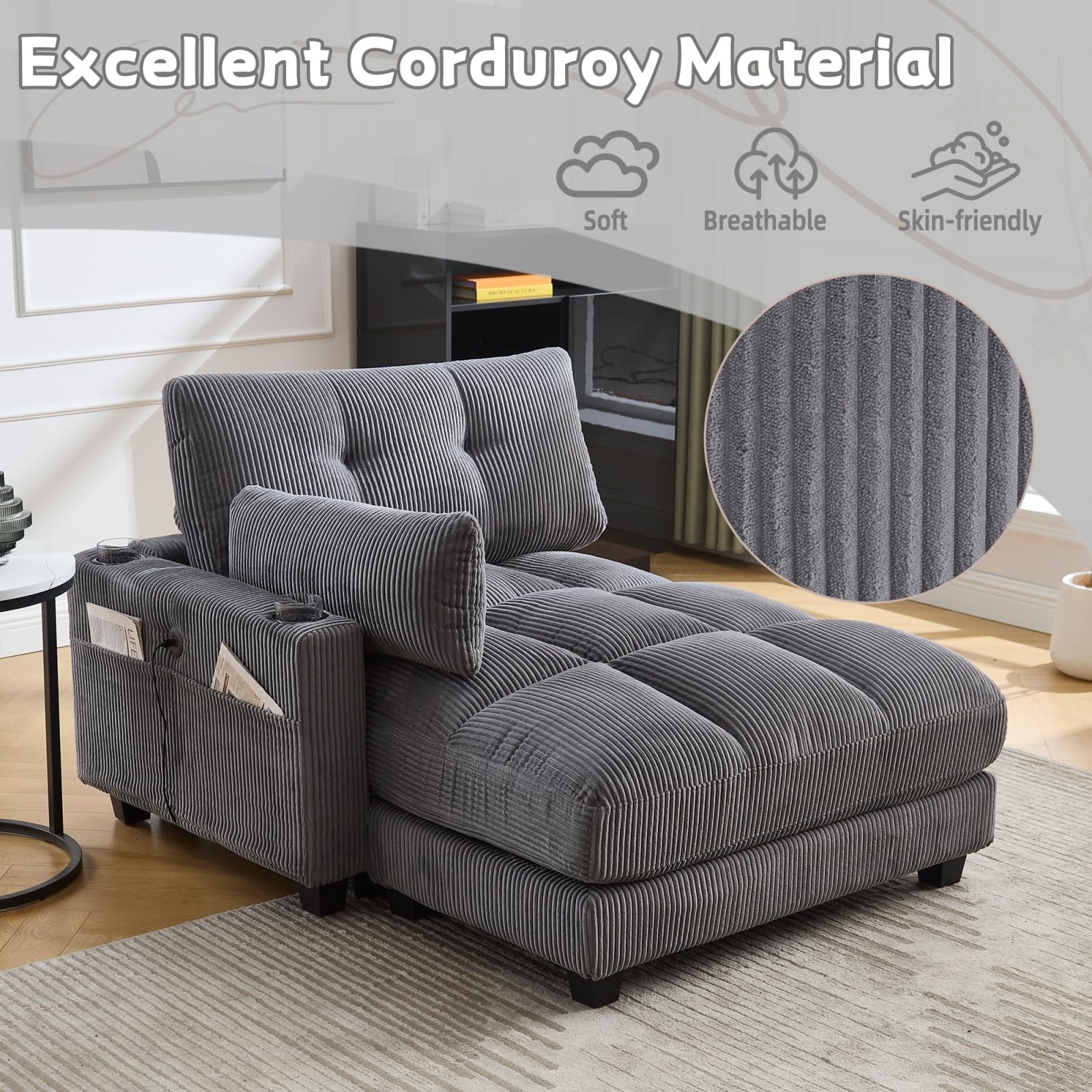 Sofá cama de pana, sillón cama de 1 plaza con USB, 2 portavasos, bolsillo lateral y cojines, reposabrazos ajustables, para espacio pequeño, 140 x 112 x 81 cm (gris)