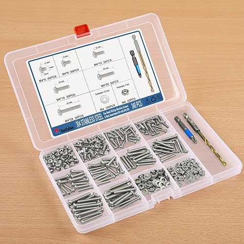 Juego surtido de tornillos y pernos, 340 piezas de tuercas y pernos de acero inoxidable, tornillos de máquina Phillips M4 con estuche para gabinete,