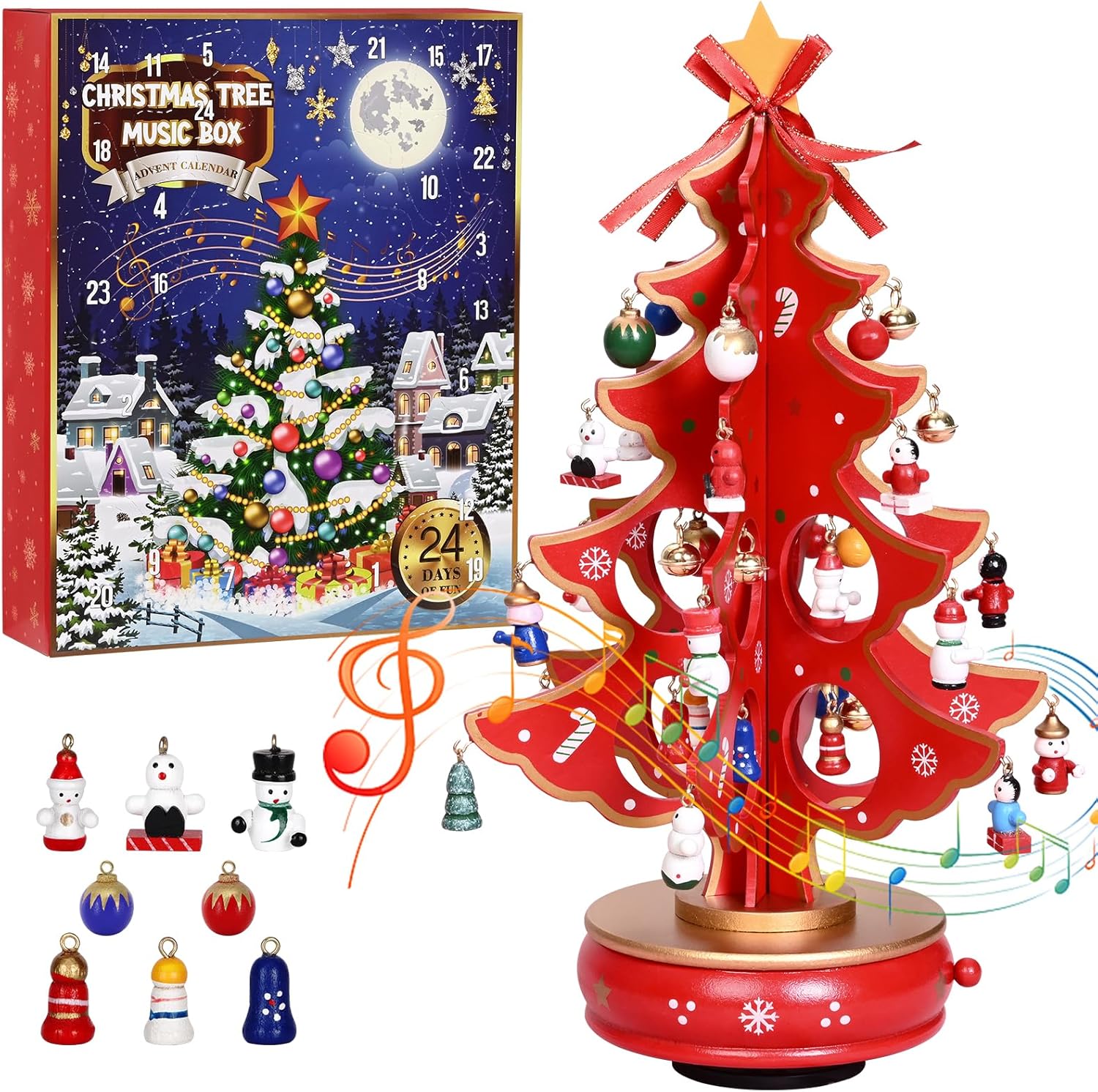 Uspring Christmas 24 Days Countdown Advent Calendar 2025, Musical Wooden Christmas Tree with Classic Music Box and 36 Pcs Snowman Santa Ornaments, Christmas Gift for Girls, Boys, Adults (Red)