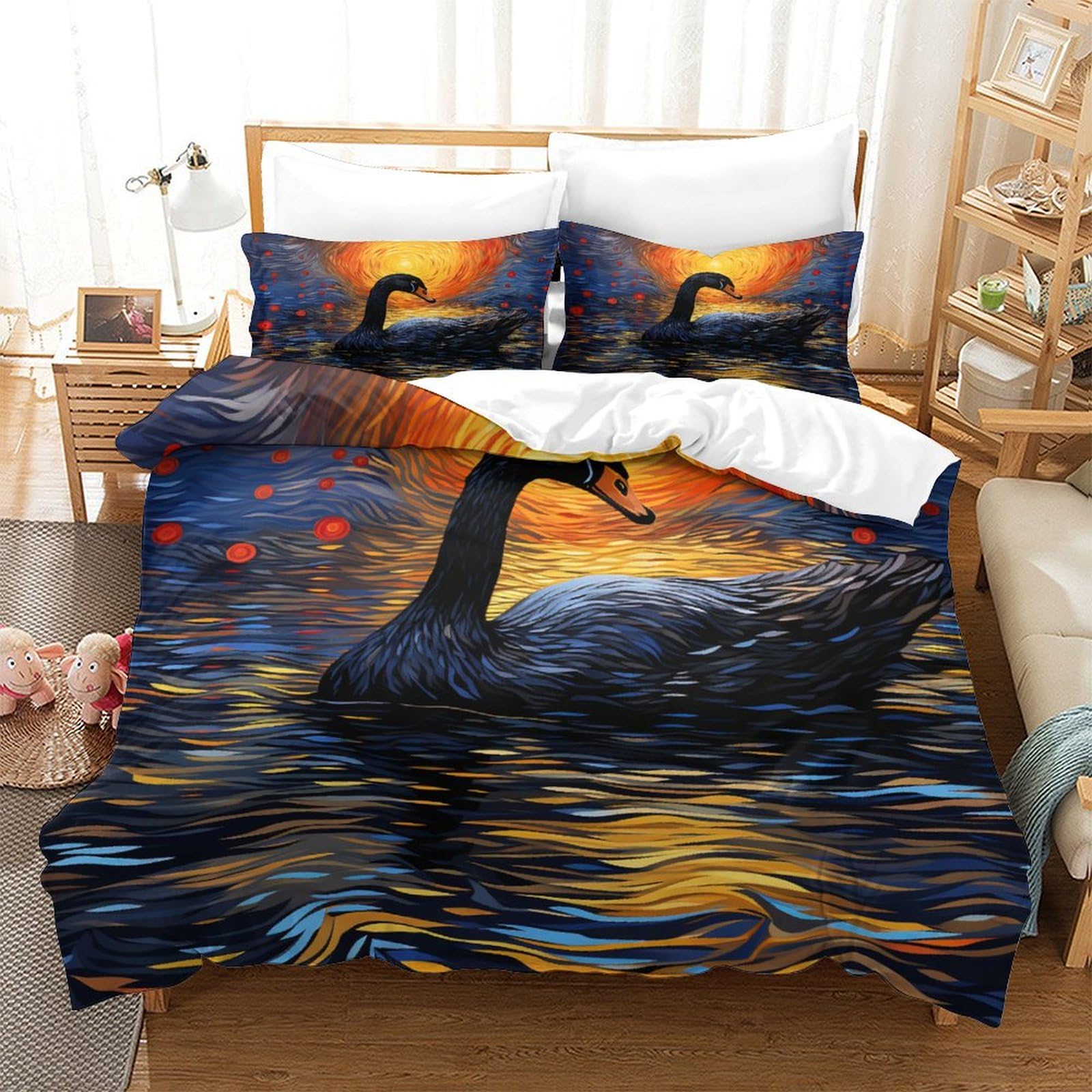 P1S9U7W5Y Elegant Sunset Swan 3D Printed Duvet Cover Set 3pcs Microfiber Lake Bedding Set King