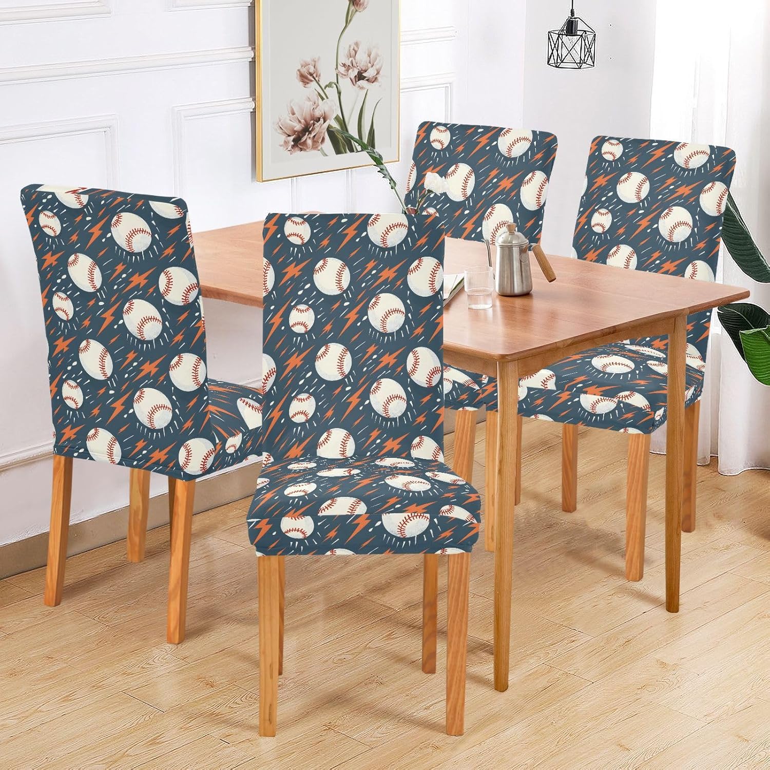 ALAZA Chair Covers for Dining Room, Baseballs with Lightning Pattern Stretch Chair Cover Sets Chair Protector Removable Washable for Ktichen Restaurant Hotel