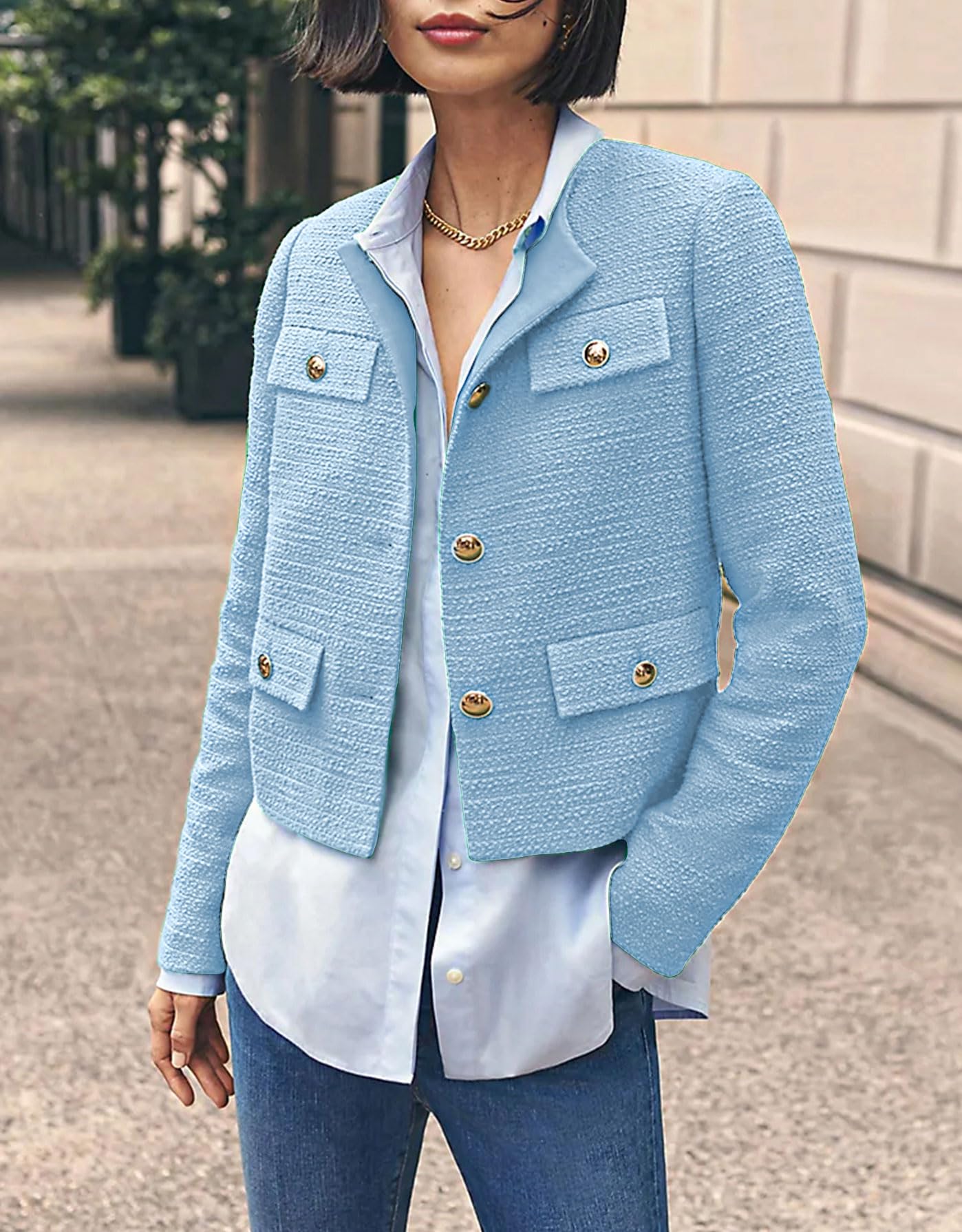 YEXPINE Blazer court en tweed pour femme, élégant, sans col, tenue décontractée
