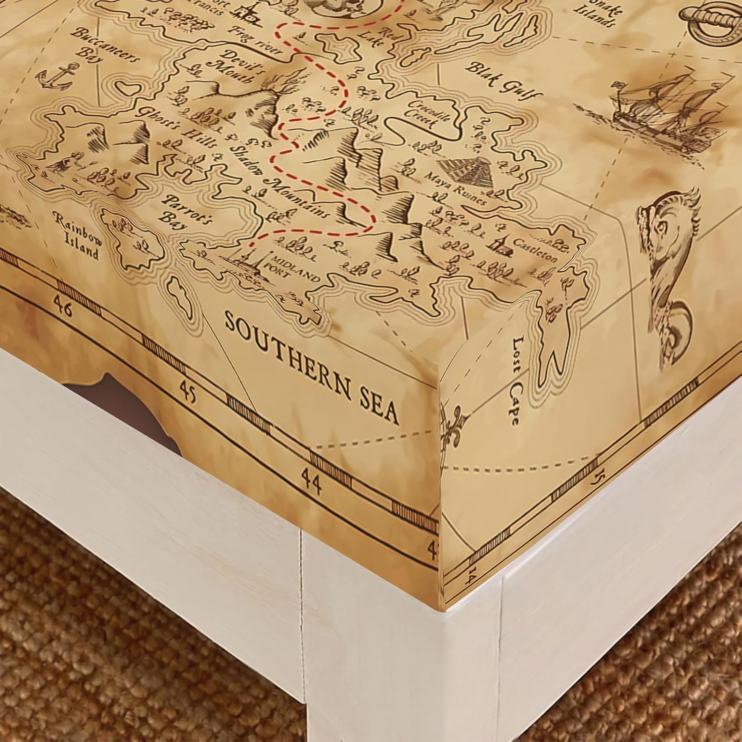 Nautical Island Map Full Size Set,Bedding Sets Pirate Ship for Boy (1 Fitted Sheet 1 Flat Sheet 2 Pillowcase)