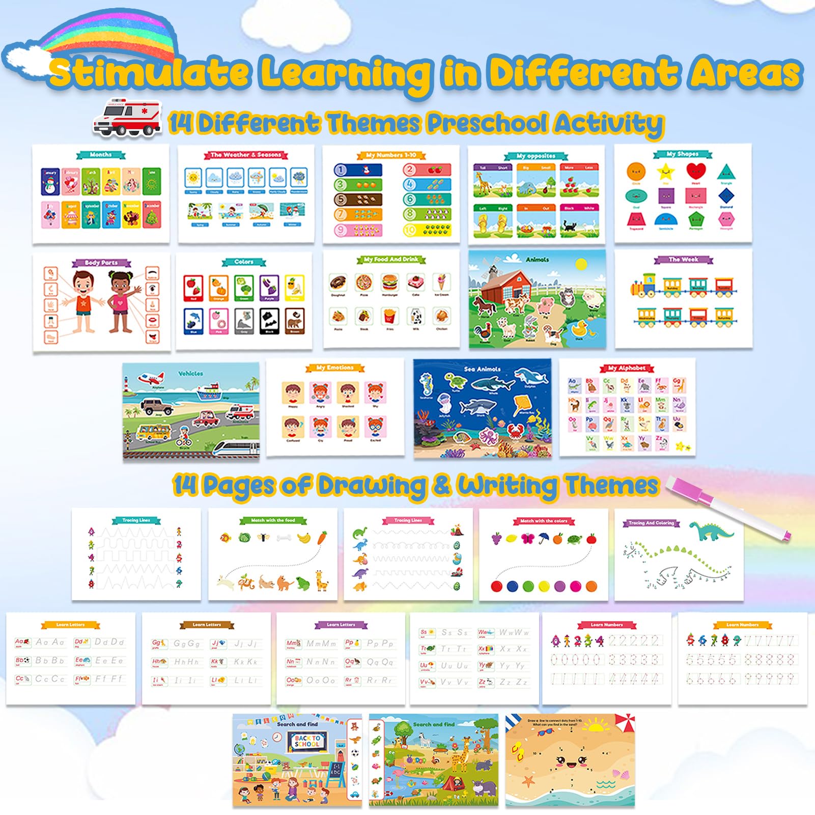 TEUVO Montessori Quiet Book per Bambini 1 2 3 4 5 6 Anni 14 Temi Preschool Libri Sensoriali Busy Book per Bambini Viaggi Libro Sensoriale Attacca Stacca Educativi Autismo Giochi Regali Ragazzi Ragazze