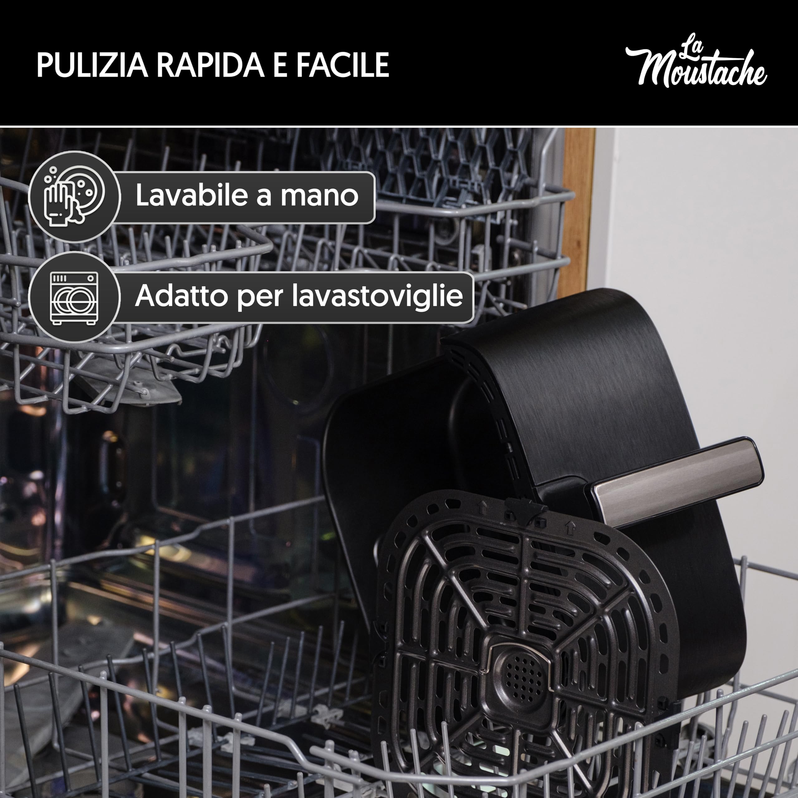 La Moustache - Friggitrice Senza Olio 7L ad Aria Calda 1800W con E-Book di Ricette, Air Fryer con 12 Programmi, Controllo Digitale 80-200 °C, Timer, Griglie Antiaderenti (Pro Smart)