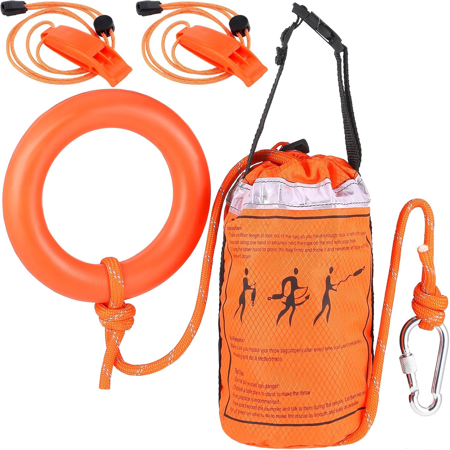 Water Rescue Throw Bag with 70 ft x 3/10 Inch Rope and 2 Emergency Whistles with Lanyard Emergency Rescue Rope Rated to 1844lbs for Kayaking Boating Fishing Rafting, High Visibility