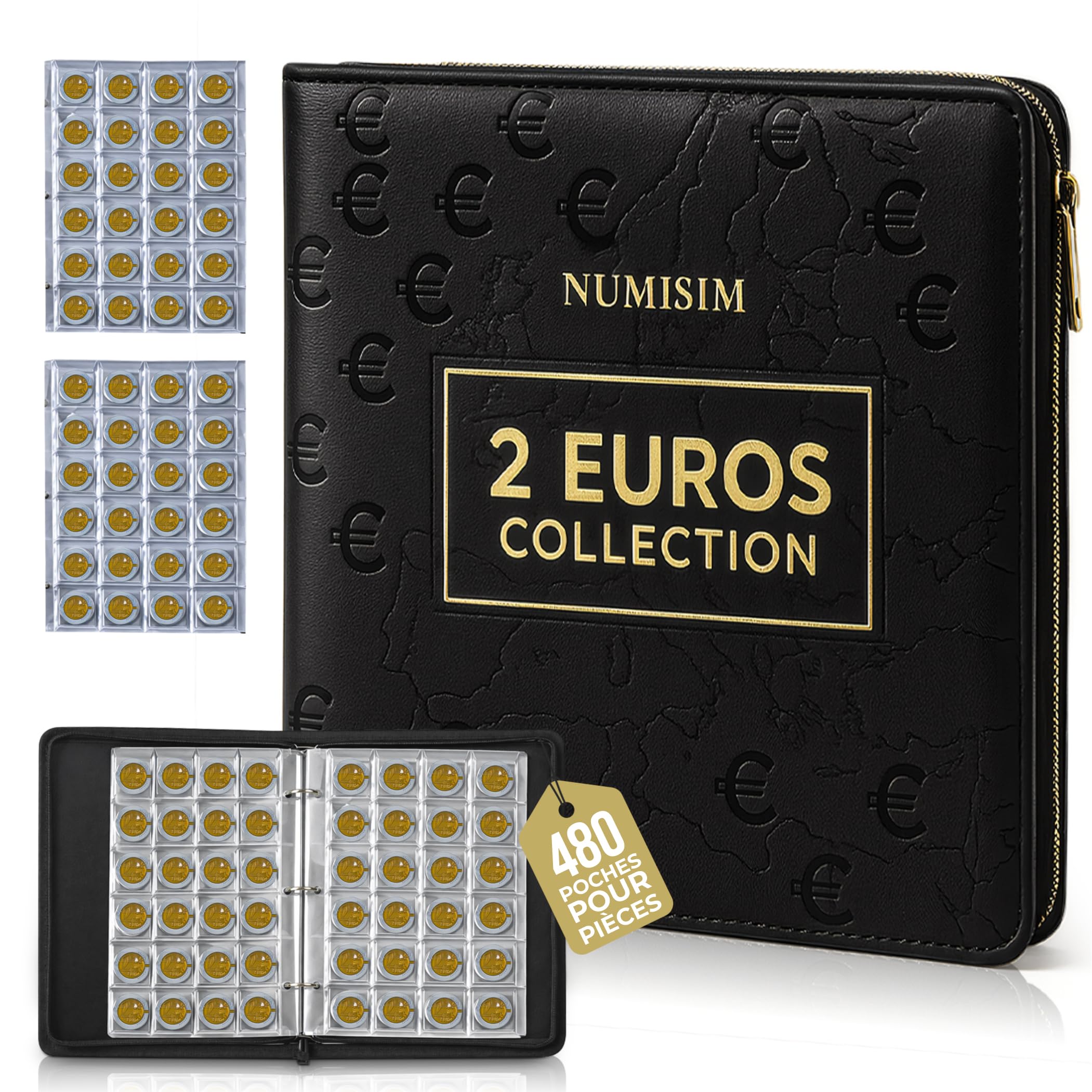 Classeur pièce 2 euros – classeur numismatique 480 pochettes en cuir résistant – album collection pièces de monnaie, rangement et protection pour collectionneurs