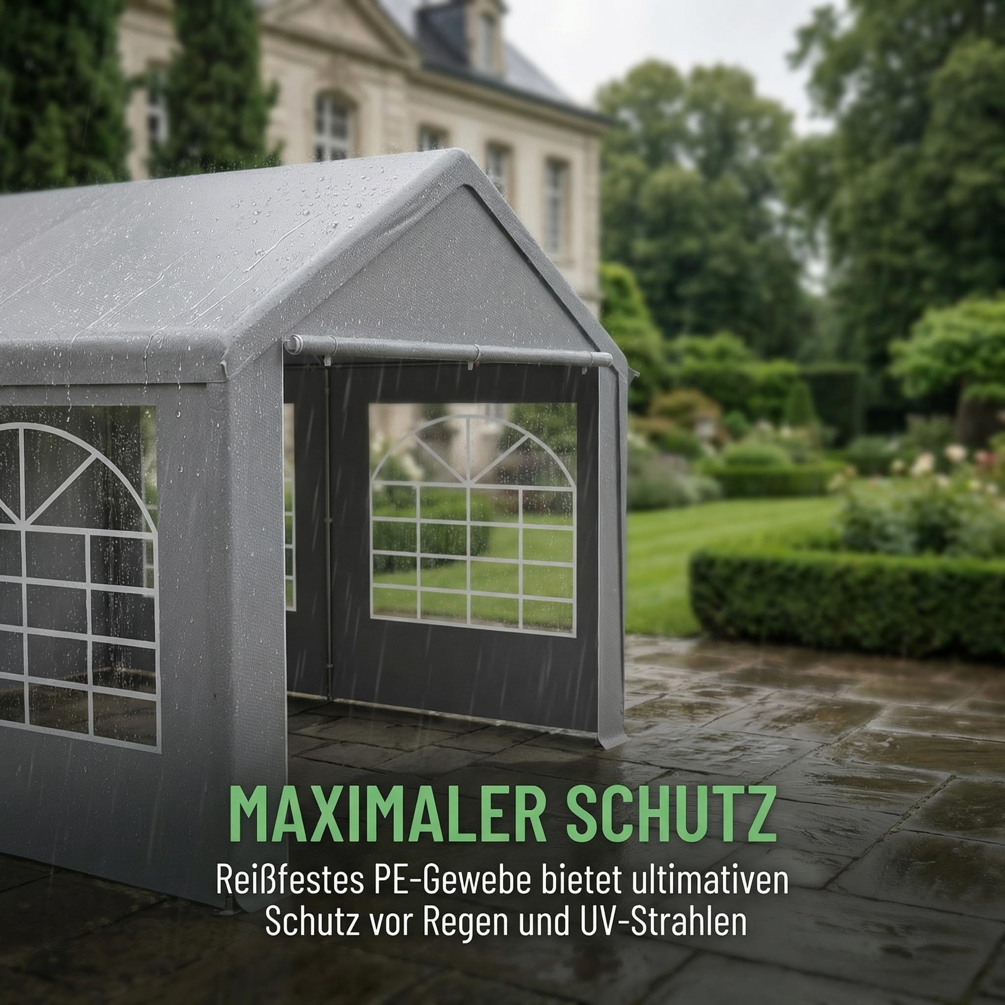 Partyzelt 4x8 m Wasserdicht UV-Schutz, Stabiler Garten Pavillon mit Seitenteilen und Fenstern, Winterfest PE-Plane Festzelt für Hochzeit Feier Außenbereich Grau