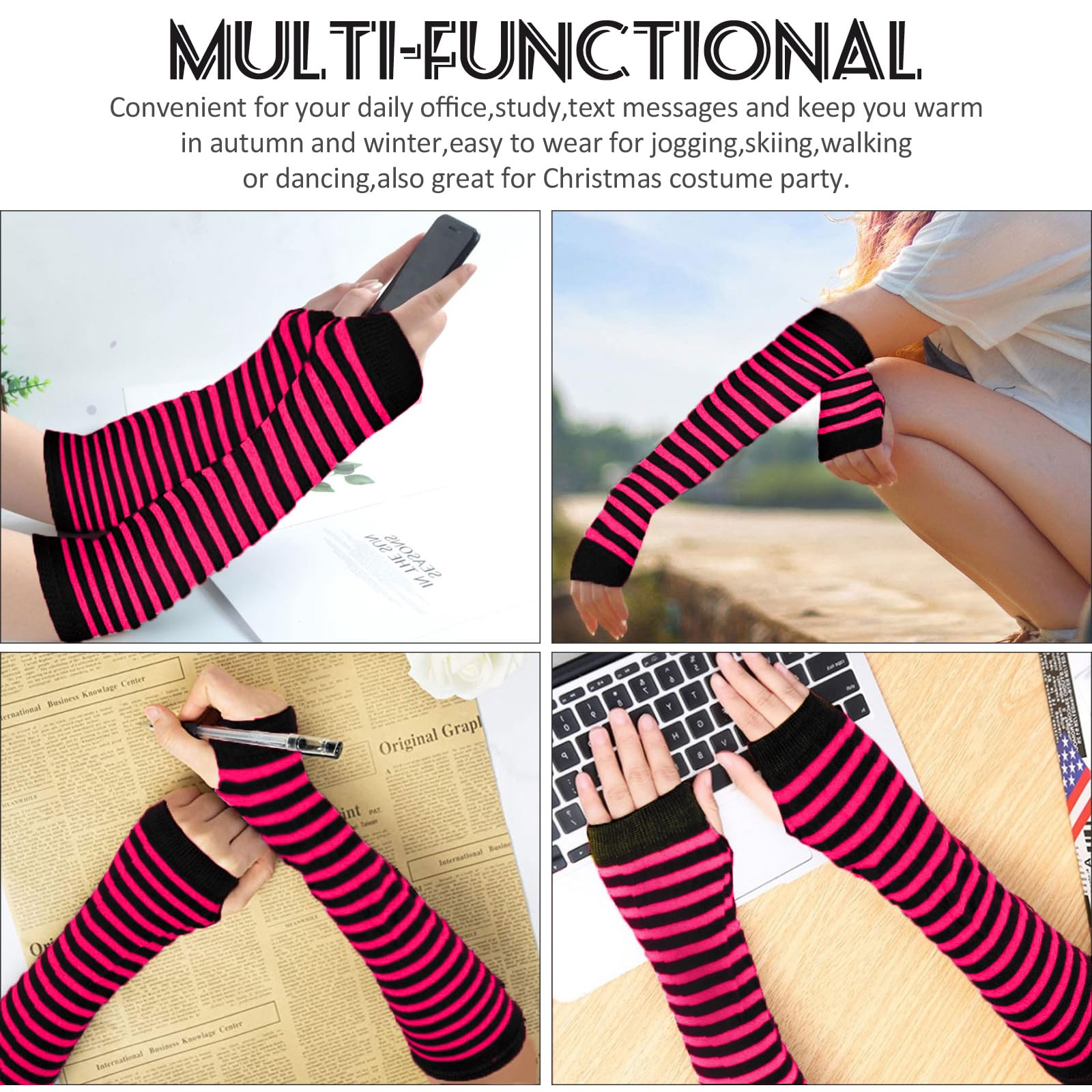 Ibeauti 8 Pcs Womens Striped Knee High Socks Stockings Y2K Goth Knitted Long Arm Warmer Fingerless Gloves Set: 2-black/Hot Pink