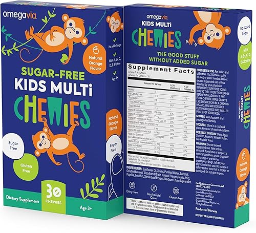 Miniatura 9 de OmegaVia Sugar Free Kids Multivitamínico Chewies - Vitaminas masticables diarias en gomitas para niños de 3 años, vitamina A, C, D3, E, B6 y B12,