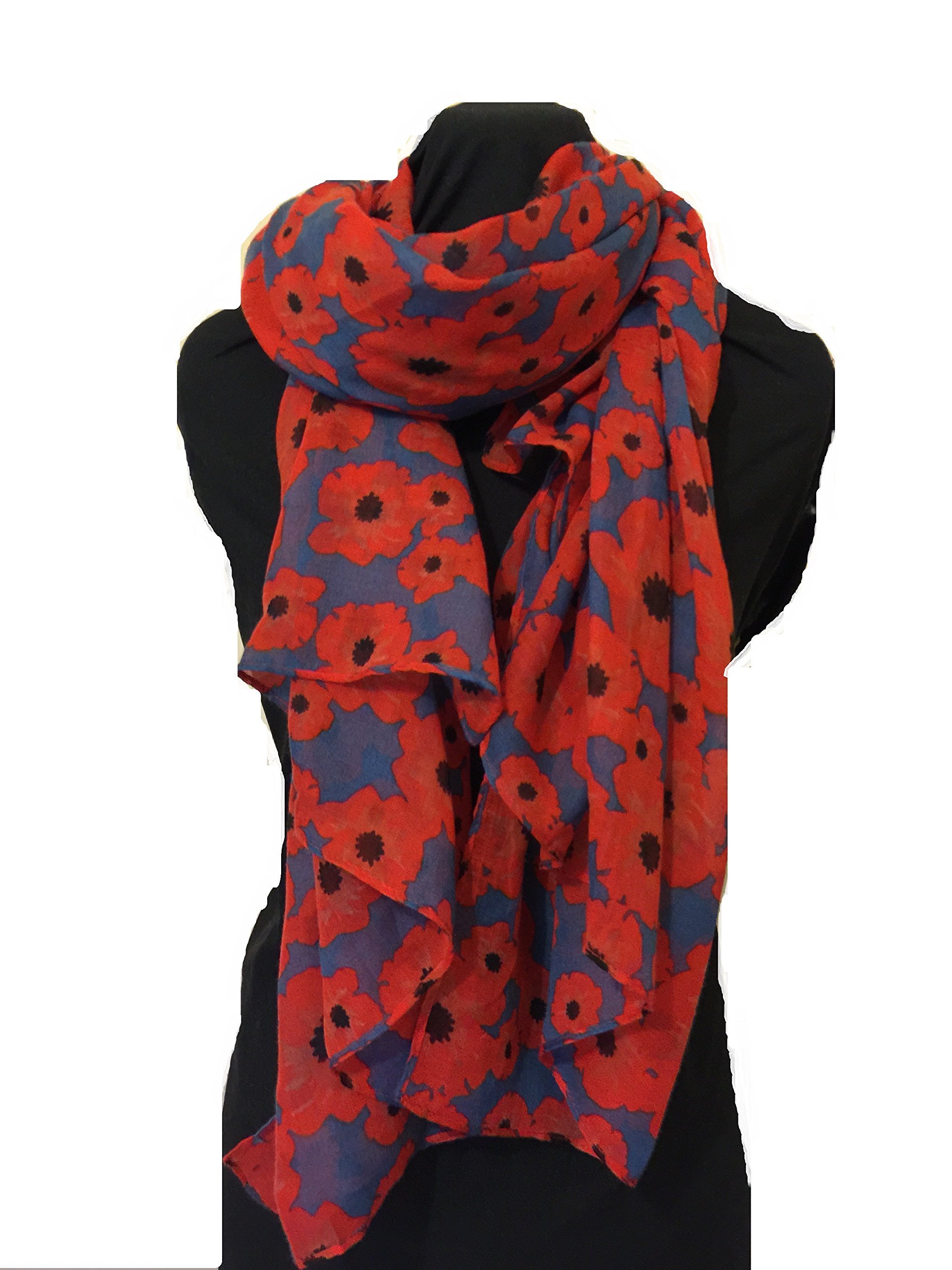 Pamper Yourself Now Women's Blue Small Poppy Blue With Small Poppy Design Long Scarf, Soft Fashion London