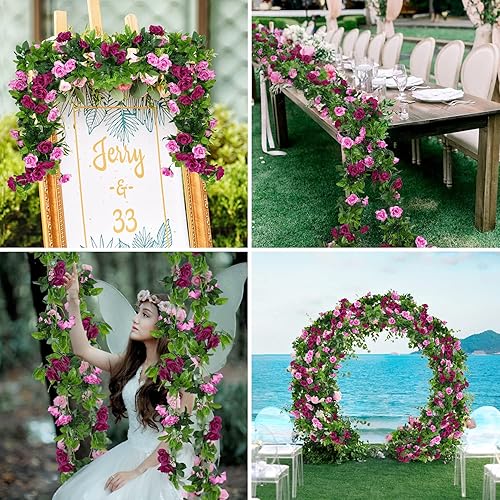 Miniatura 5 de JUSTOYOU Paquete de 2 guirnaldas de rosas falsas (15.8 pies), enredaderas de rosas artificiales, flores colgantes de seda para boda, hogar, telón de