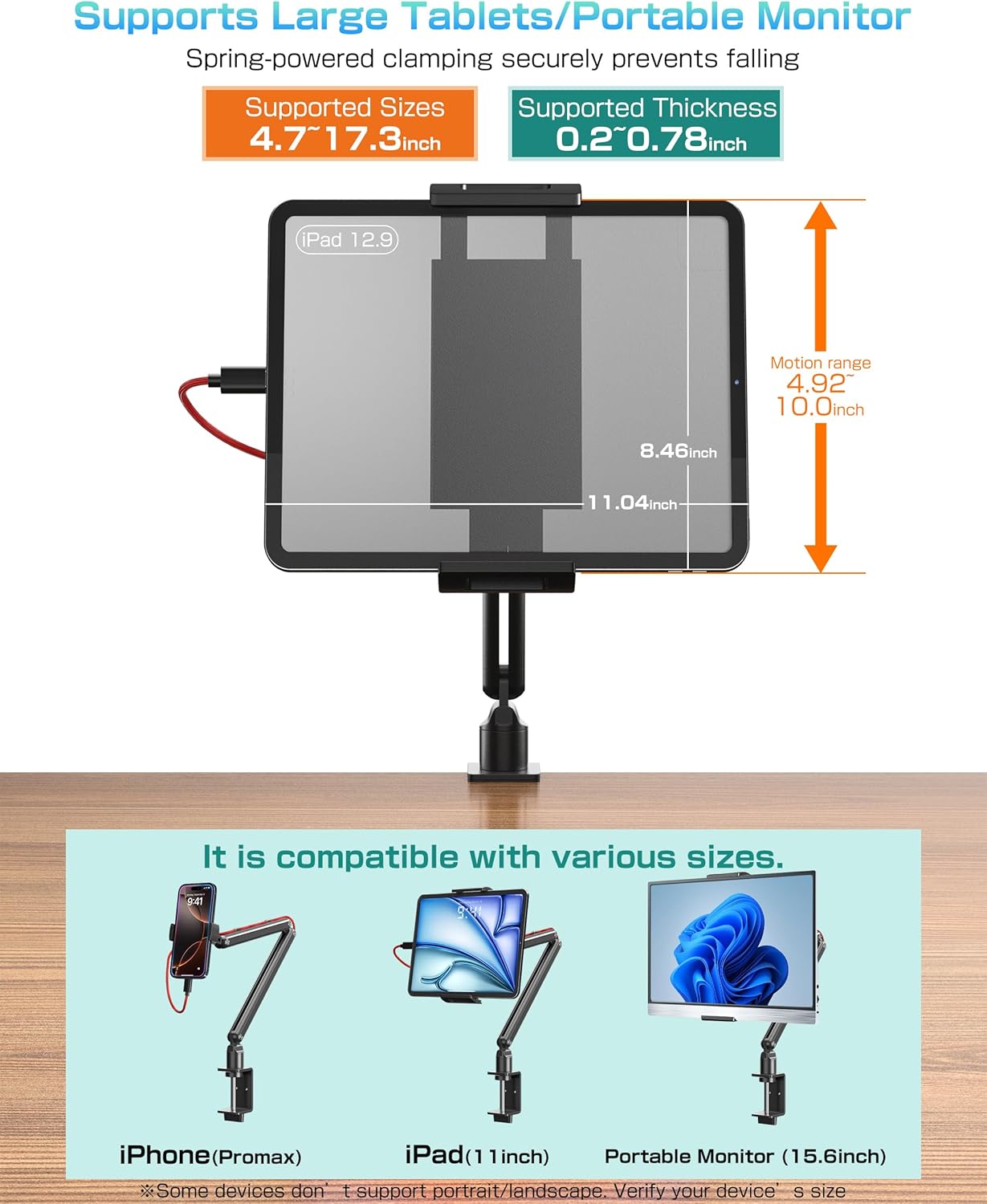 Tablet Arm Stand for Desk, Portable Monitor Stand Holder 15.6'',17.3'', Aluminum Alloy Foldable Arm Mount with 360° Rotating Desk Mount Compatible with 4.7-17.3inch Tablet, Cell Phone (Black)