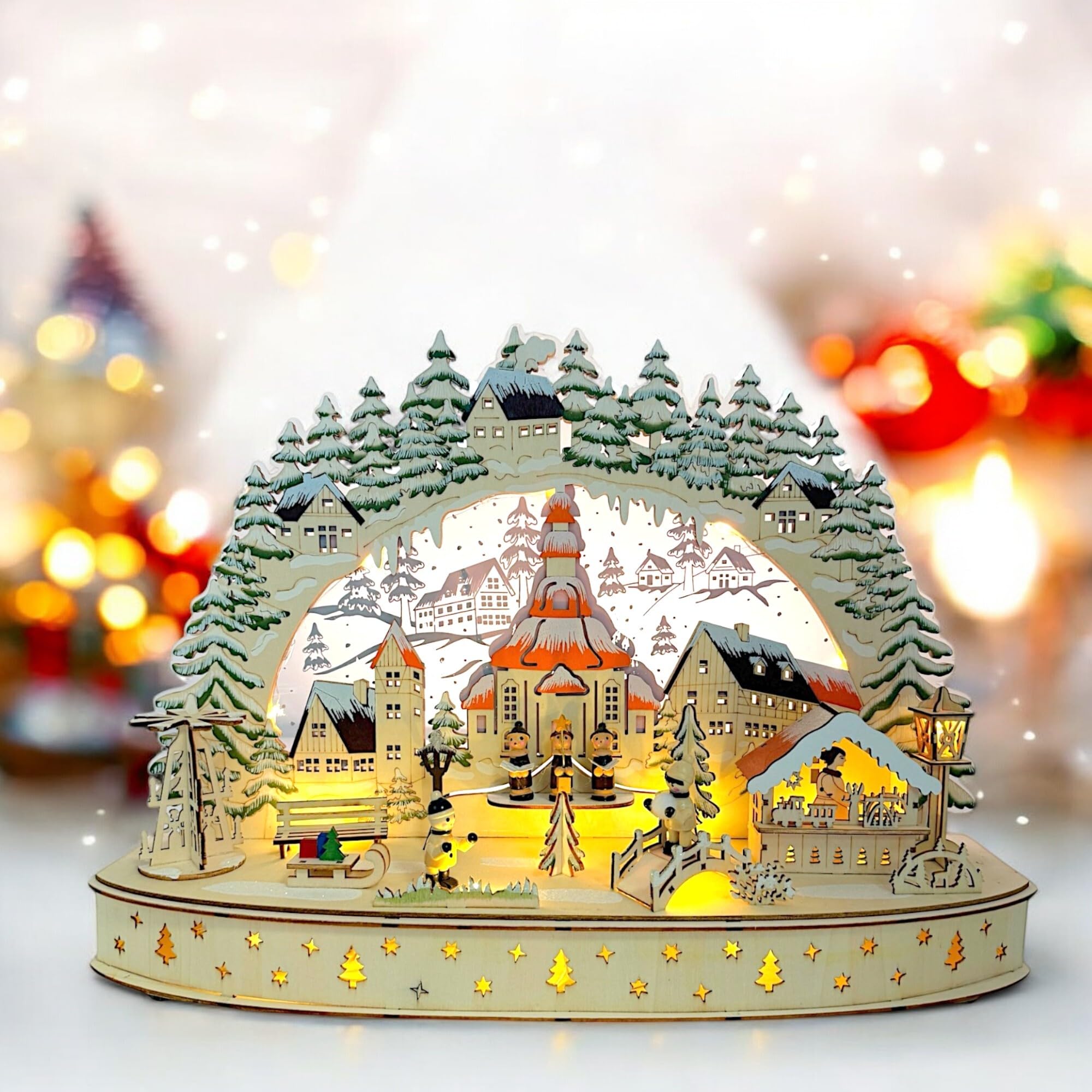 Wichtelstube-Kollektion LED Schwibbogen Seiffener Kirche Weihnachtsmarkt Winterlandschaft, Lichterbogen indirekt beleuchtet Schwippbogen Echtholz beidseitig bemalt