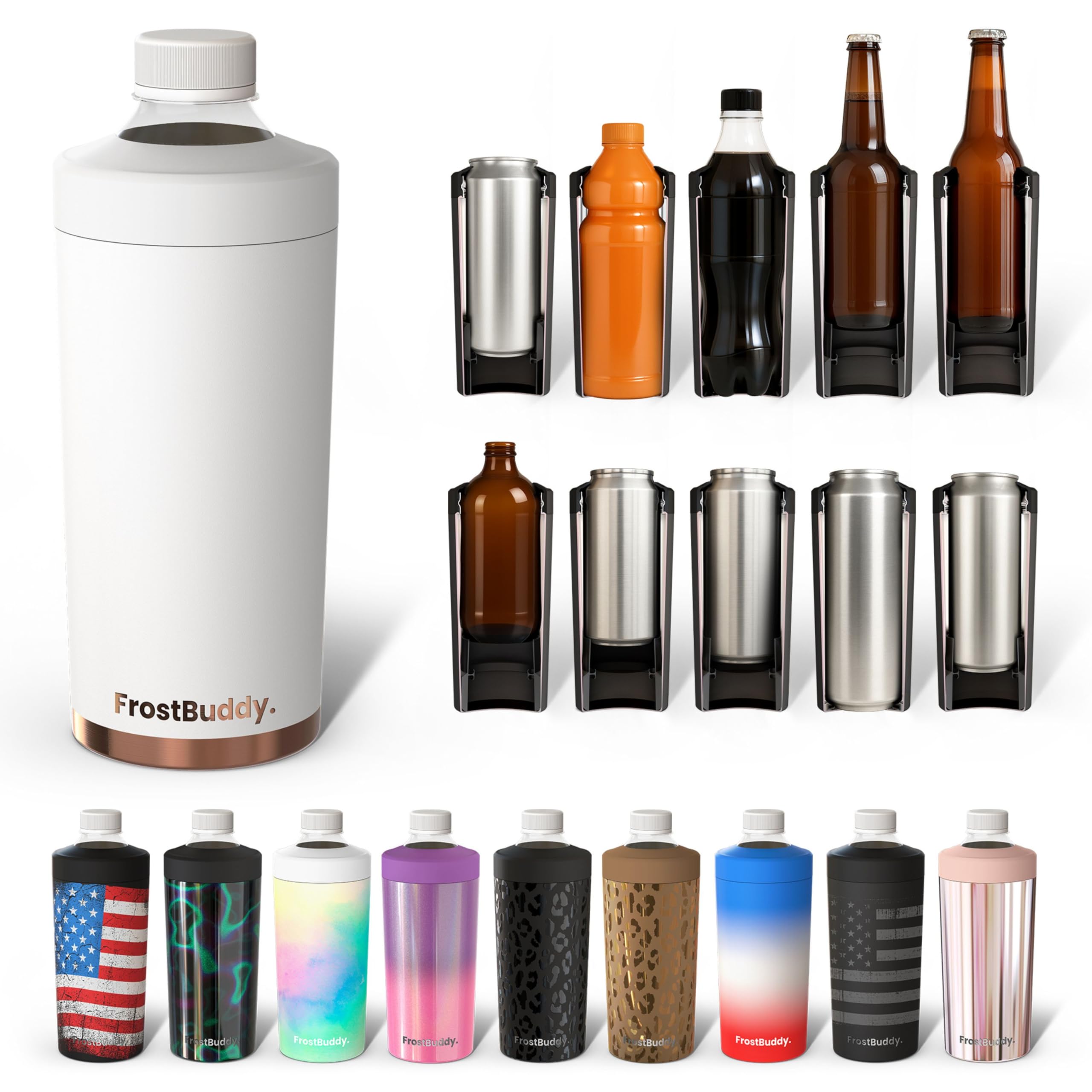 Frost Buddy Universal XL Can Cooler - Fits All - For 12, 16, 20, and 24 ounce Bottles - Insulated Double-Walled Stainless Steel (Copper Kiss)