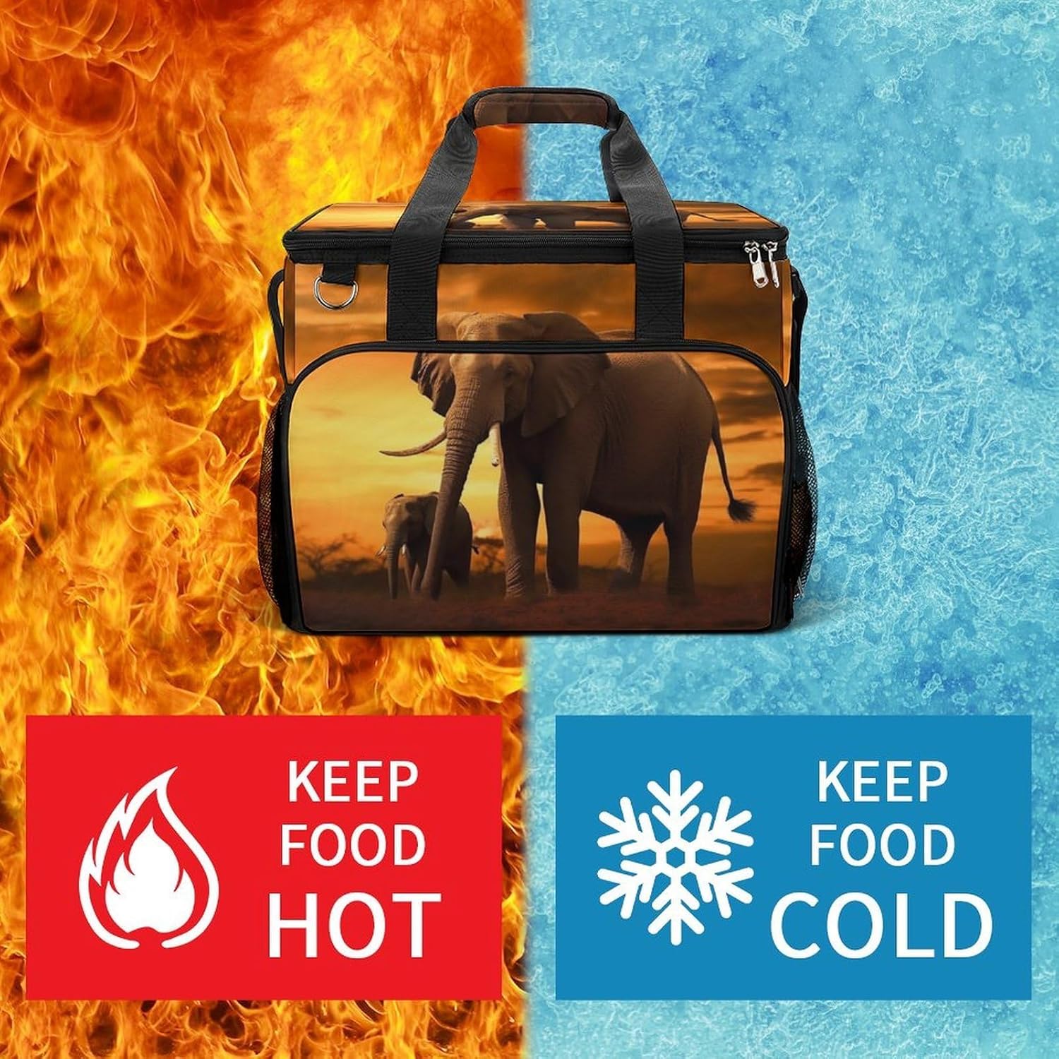 Large Capacity Oxford Cloth Sunset Parent-Child Elephant Printed Camping Ice Bag, Outdoor Portable Insulation and Cooling Bag, Suitable for Outdoor Camping and Picnics