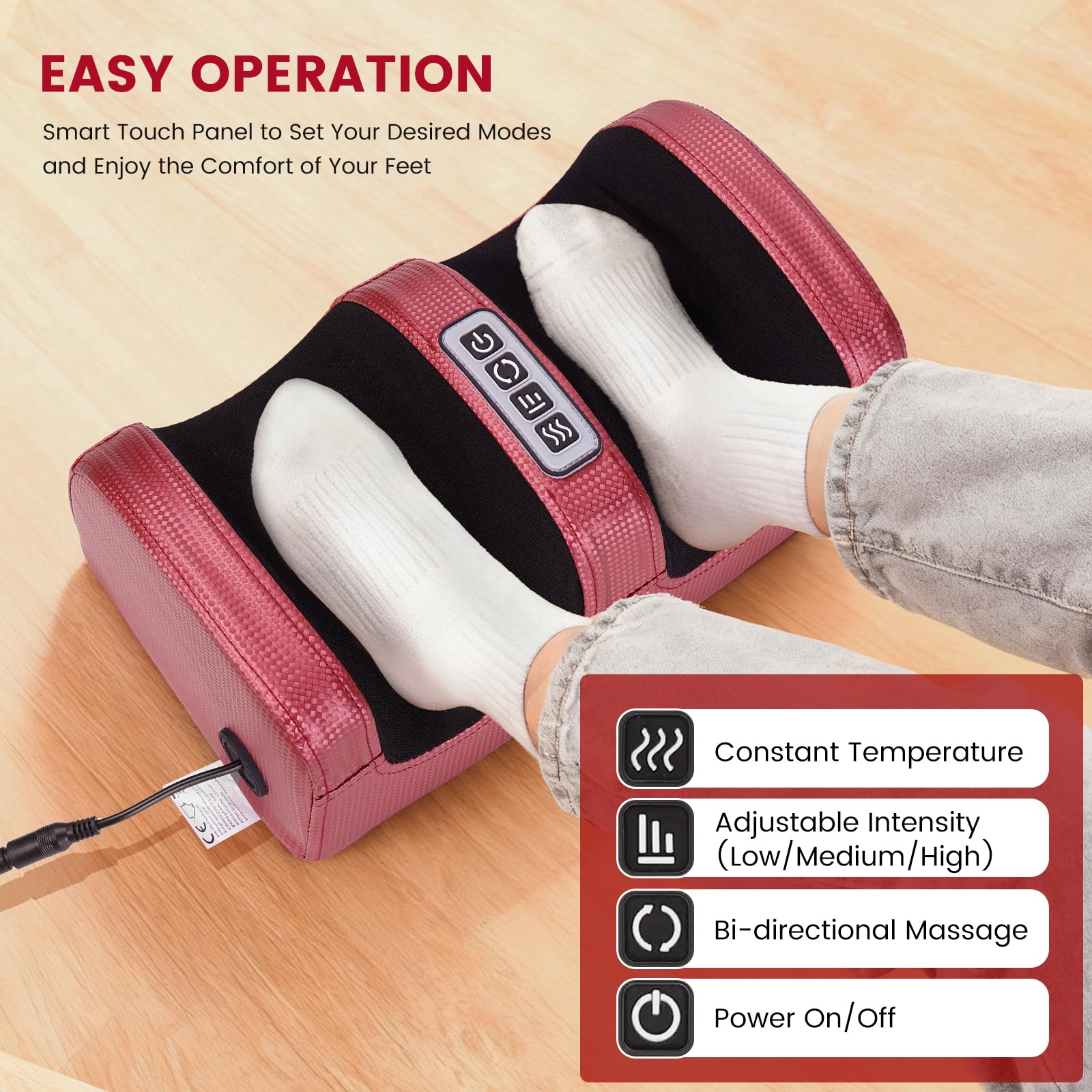 Masajeador de Pies con Calefacción - Masajeador Pies Shiatsu Eléctrico para Piernas Cansadas Fascitis Plantar - Masaje De Tejido Profundo Foot Massager - Regalo Originales para Mujer Mamá Papá (Rojo)