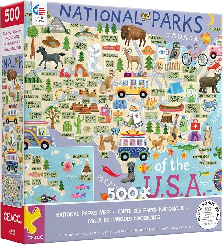 Ceaco - National Parks Map - 500 Piece Jigsaw Puzzle for Adults | Made in USA, Includes Poster, Giftable, Frameable Art