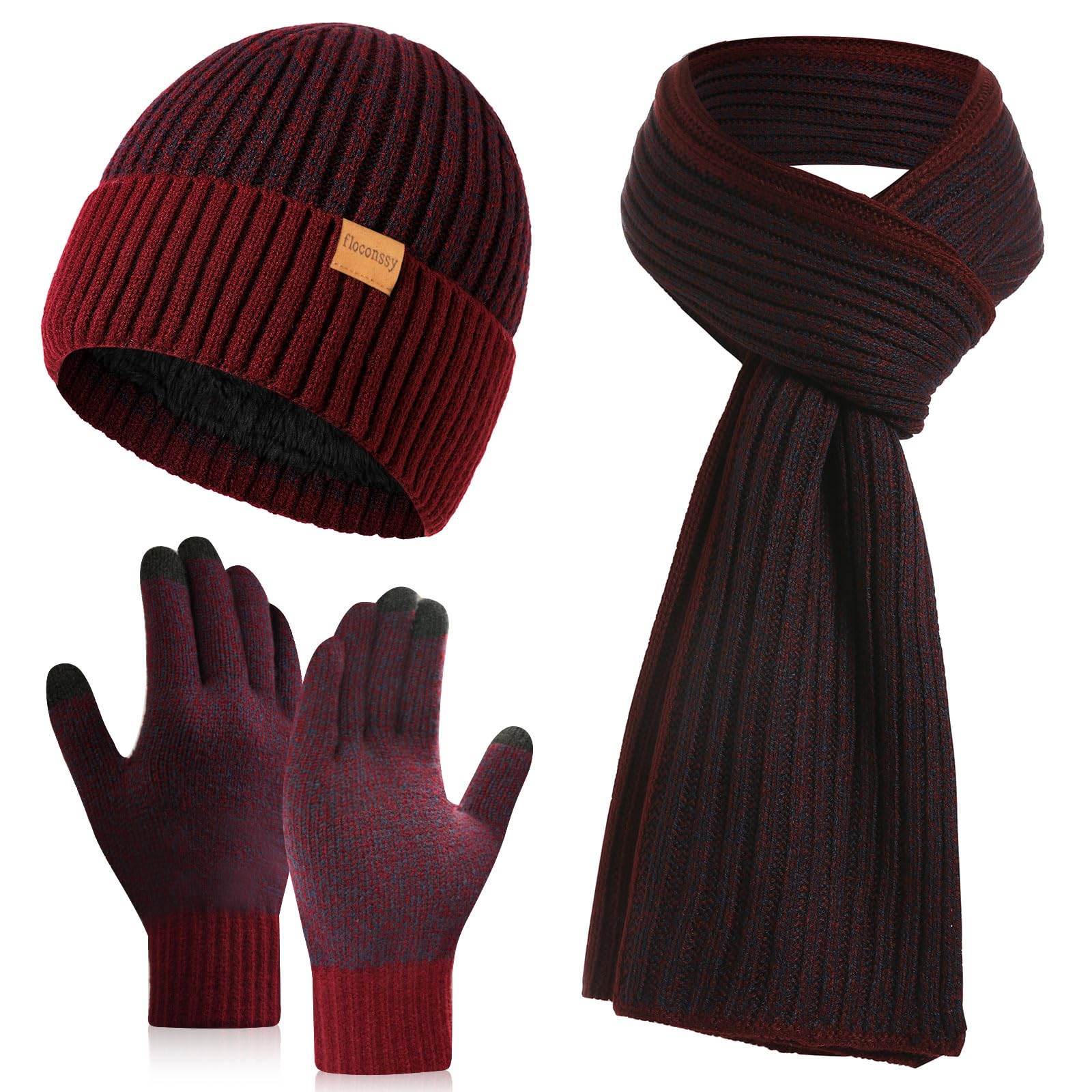floconssy Men's Winter Hat Scarf Gloves Set, 3 PCS Thermal Gears for Men