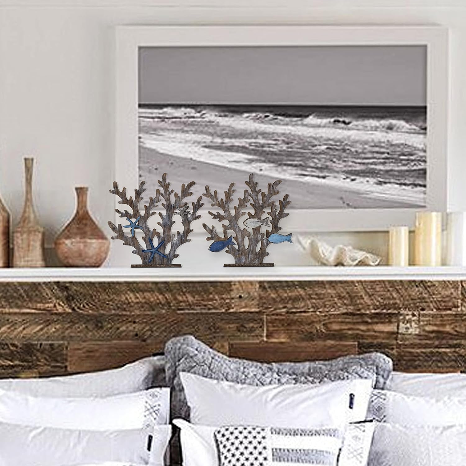 SAILINGSTORY Coral Decor Set of 2 Wooden Table Centerpieces, Coastal Nautical Beach Decor