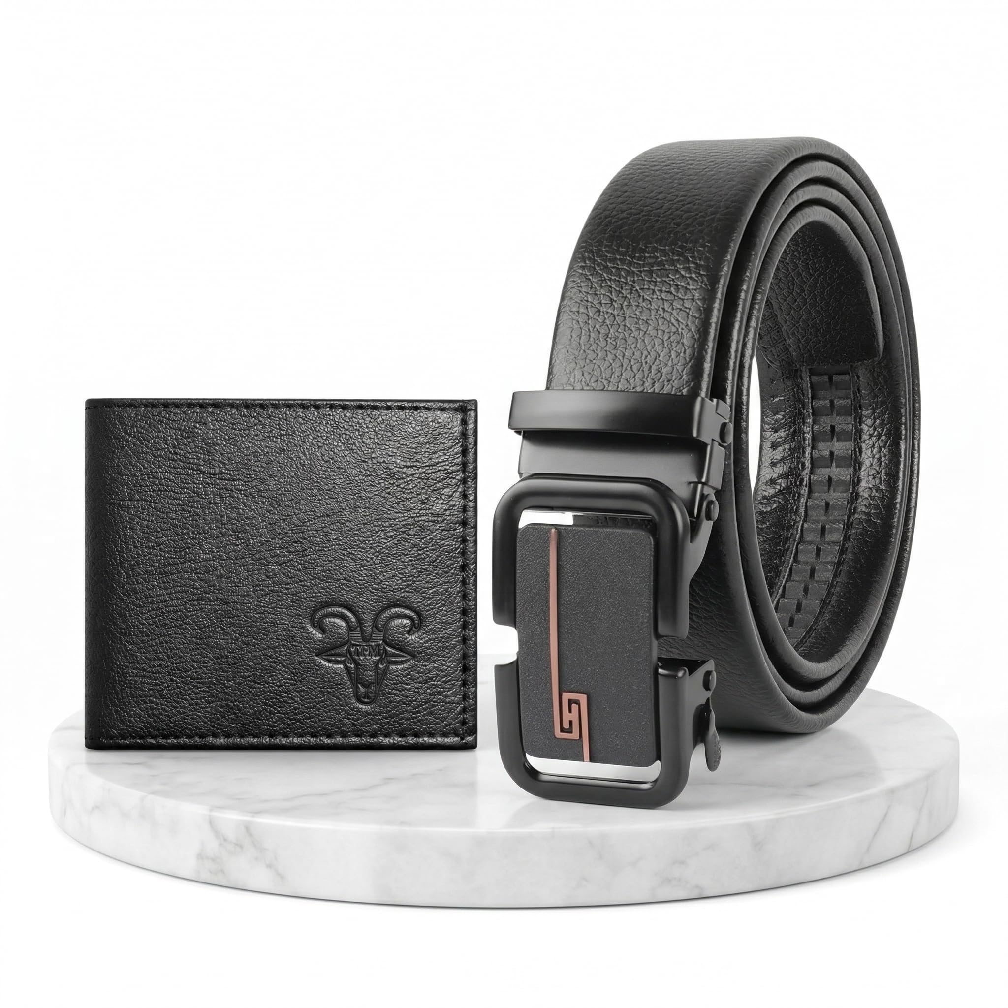 Men Sleek Black Auto-Lock Belt & Textured Wallet Combo Set-image-10