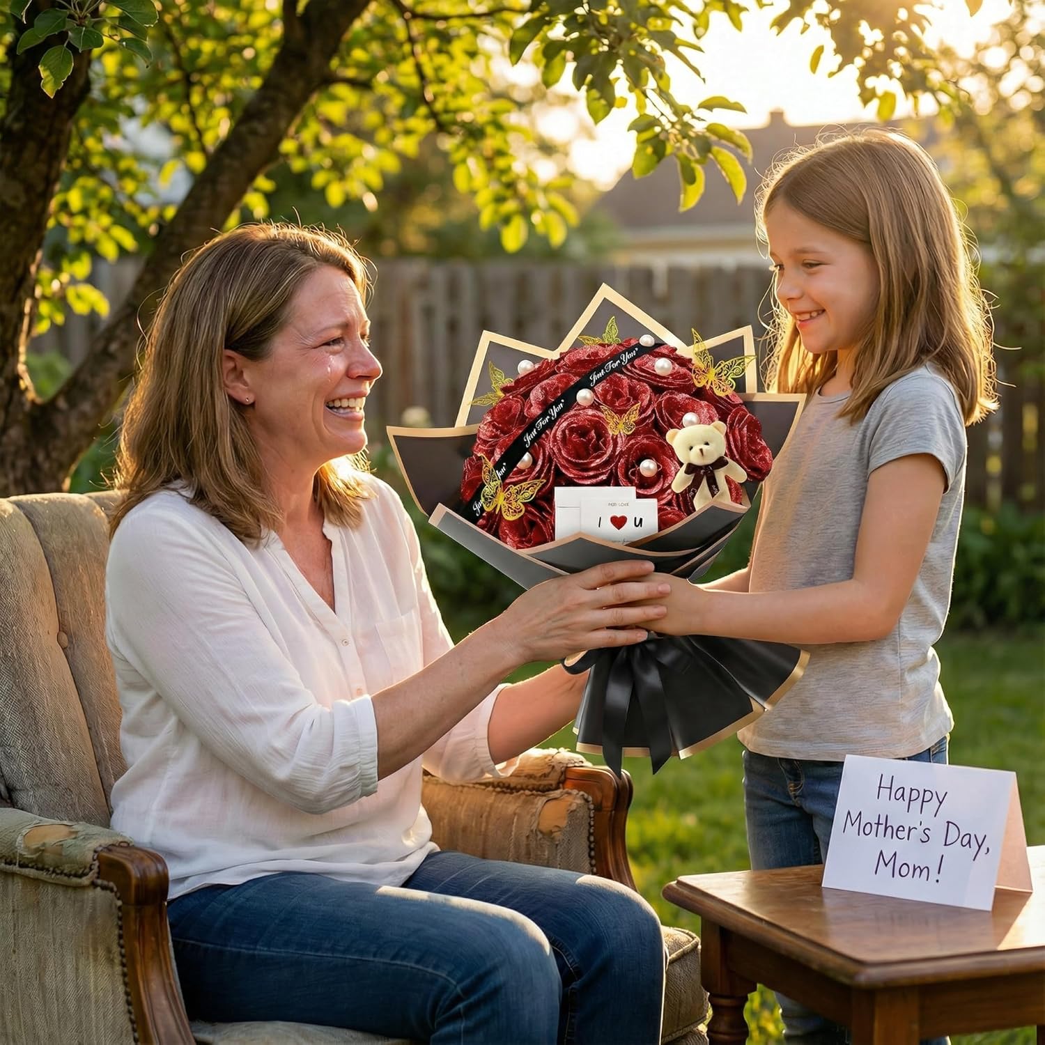 Red Glitter Flower Bouquet for Her, 24 Pcs DIY Artificial Glitter Rose Bouquet with Bear & Butterfly & Pearl for Mom, Girlfriend, Mothers Day, Valentines, Anniversary, Photo Props