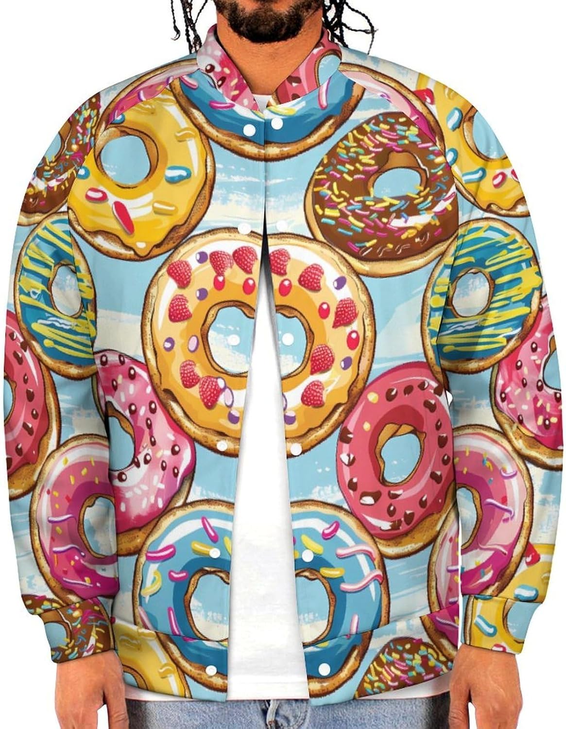 Colorful Doughnuts Novelty Men's Baseball Jackets Causal Sweatshirt Button Top Long Sleeve Coat