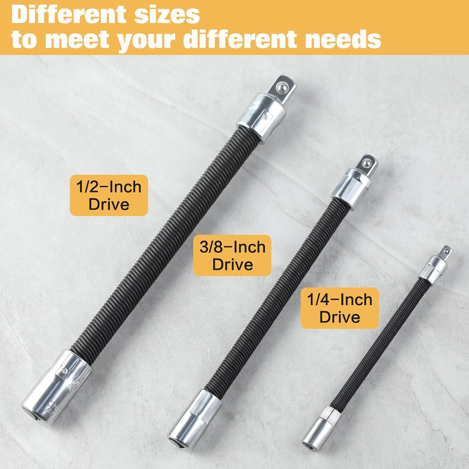 3Pcs Flexible Extension Bar Set 1/2-Inch 1/4-Inch 3/8-Inch Drive Flexible Socket Extension Bars Flexible Socket Extension Cables, Metal Extensions with Flexible Shafts Hand Tool Set