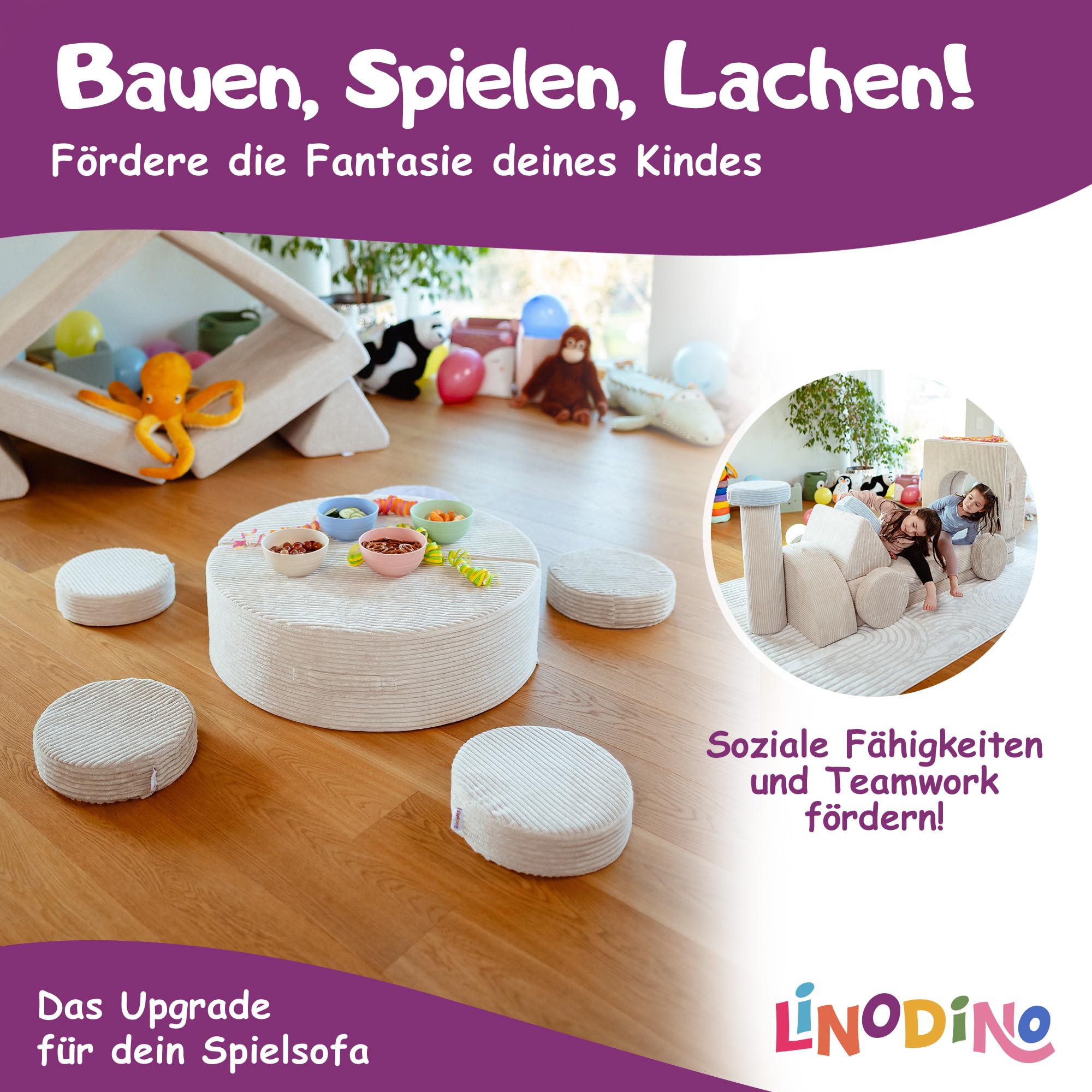Linodino® Zaubersteine – Spielsofa Add-ons im 4er-Set | Vier Runde Schaumstoff-Kissen als Erweiterung zum Balancieren, Stapeln & Spielen I Elfenzauber Beige
