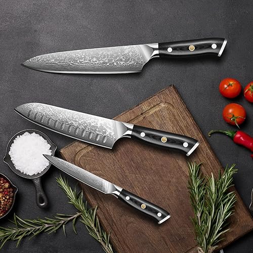 Miniatura 9 de Juego de cuchillos de cocina de Damasco de 3 piezas, 67 capas Damasco VG10 de núcleo de acero, cuchillo de chef de 8 pulgadas, cuchillo Santoku de 7
