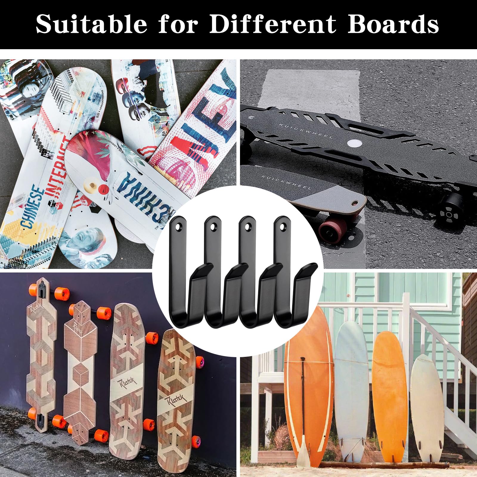 Soporte de Pared para monopatín Negro con Tornillos de fijación para Snowboard, Longboard, esquís