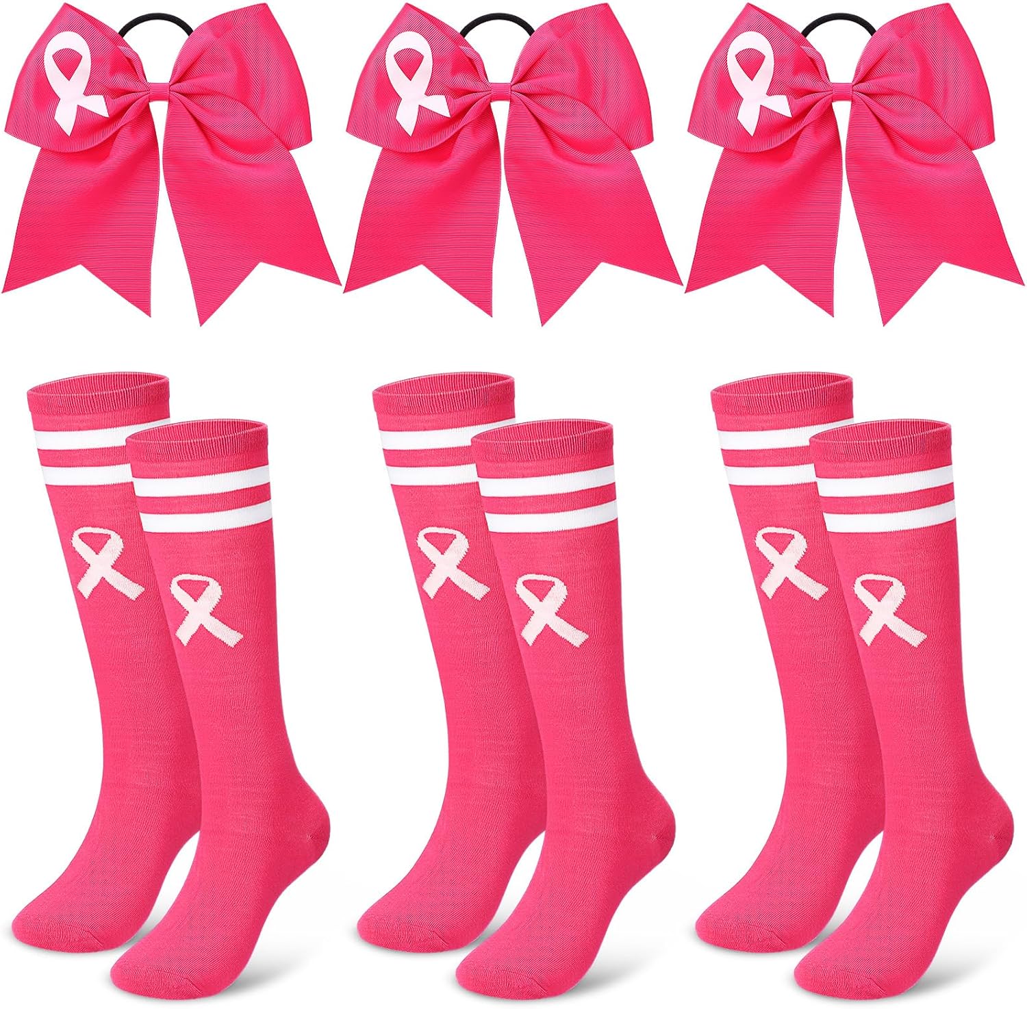 Zoooyawn Breast Cancer Socks Bows Set for Cheerleader, Pink Cheer Awareness Socks Cheerleader Bows Gifts