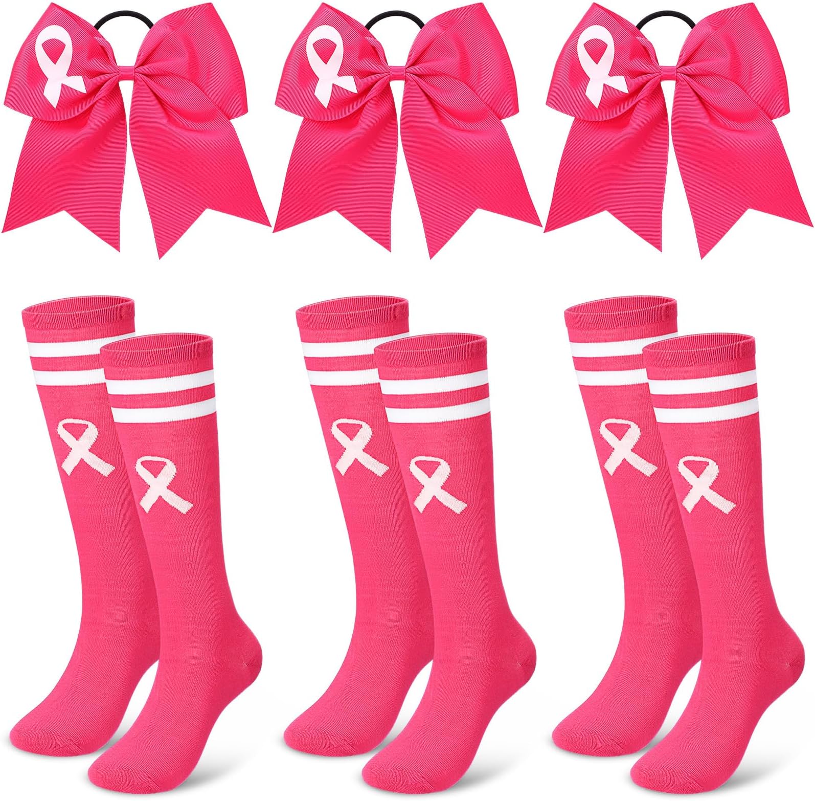 Zoooyawn3 Pair Breast Cancer Socks Bows Set for Cheerleader, Pink Cheer Awareness Socks Cheerleader Bows Gifts Football Volleyball Sports Games Events Breast Cancer Month