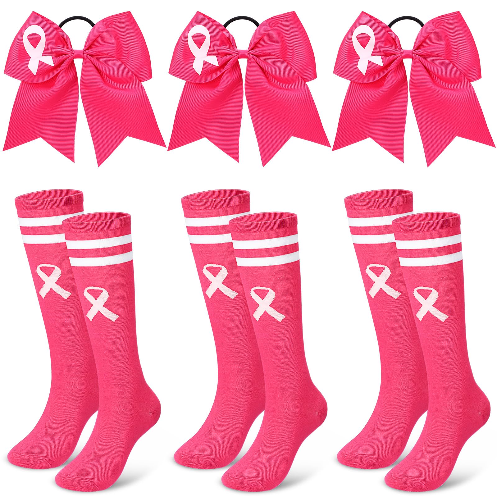 Zoooyawn3 Pair Breast Cancer Socks Bows Set for Cheerleader, Pink Cheer Awareness Socks Cheerleader Bows Gifts Football Volleyball Sports Games Events Breast Cancer Month