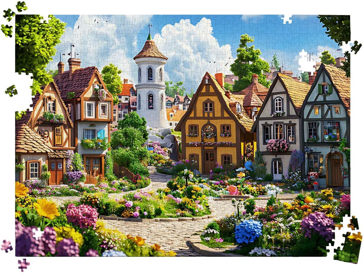 Puzzle da 1000P Pezzi, 29.5 x 19.7 in Cartone animato piccola città l0-324