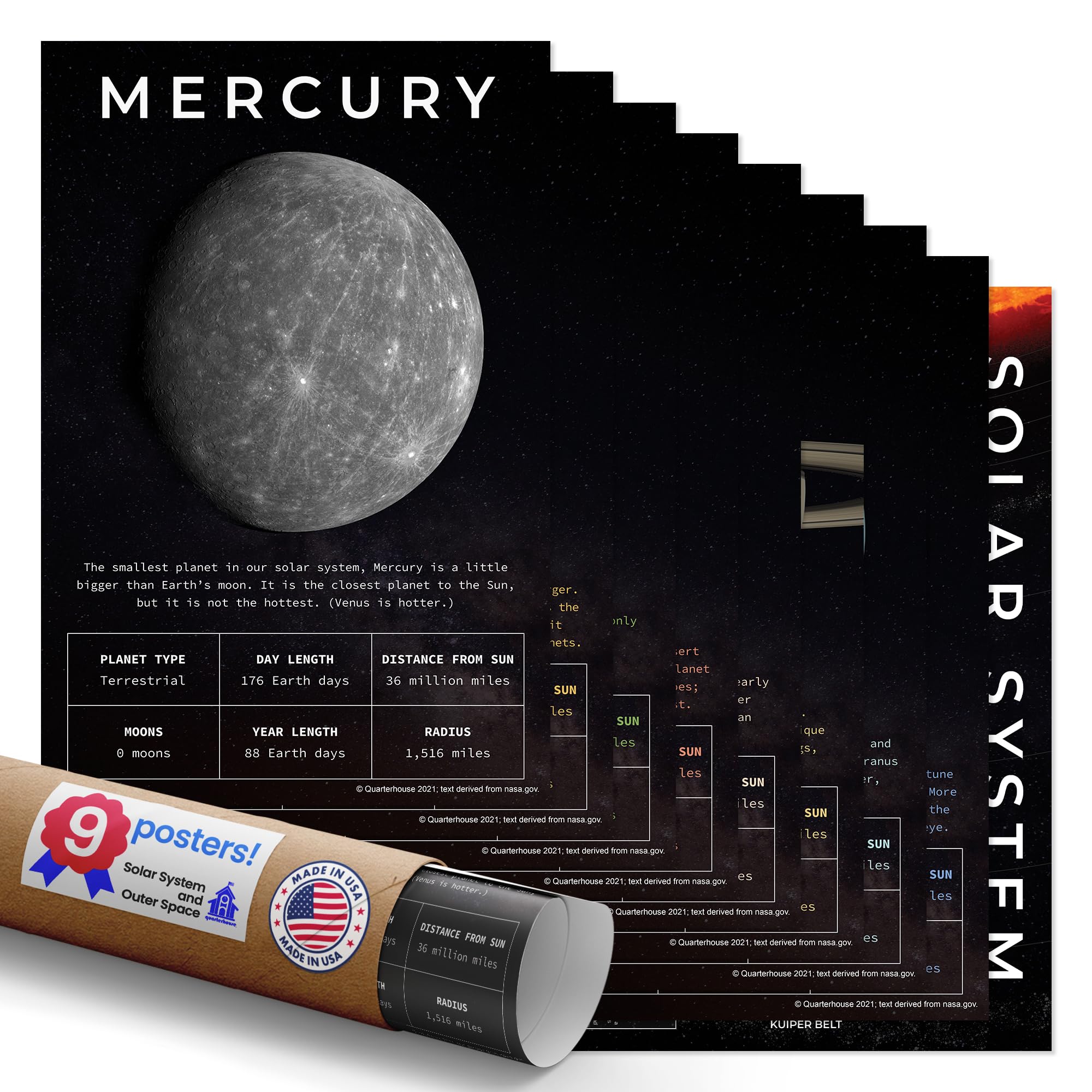 Quarterhouse 9 Poster Solar System Set, Science Classroom Learning Materials for K-12 Students and Teachers, 12 x 18 Inches, Made in USA