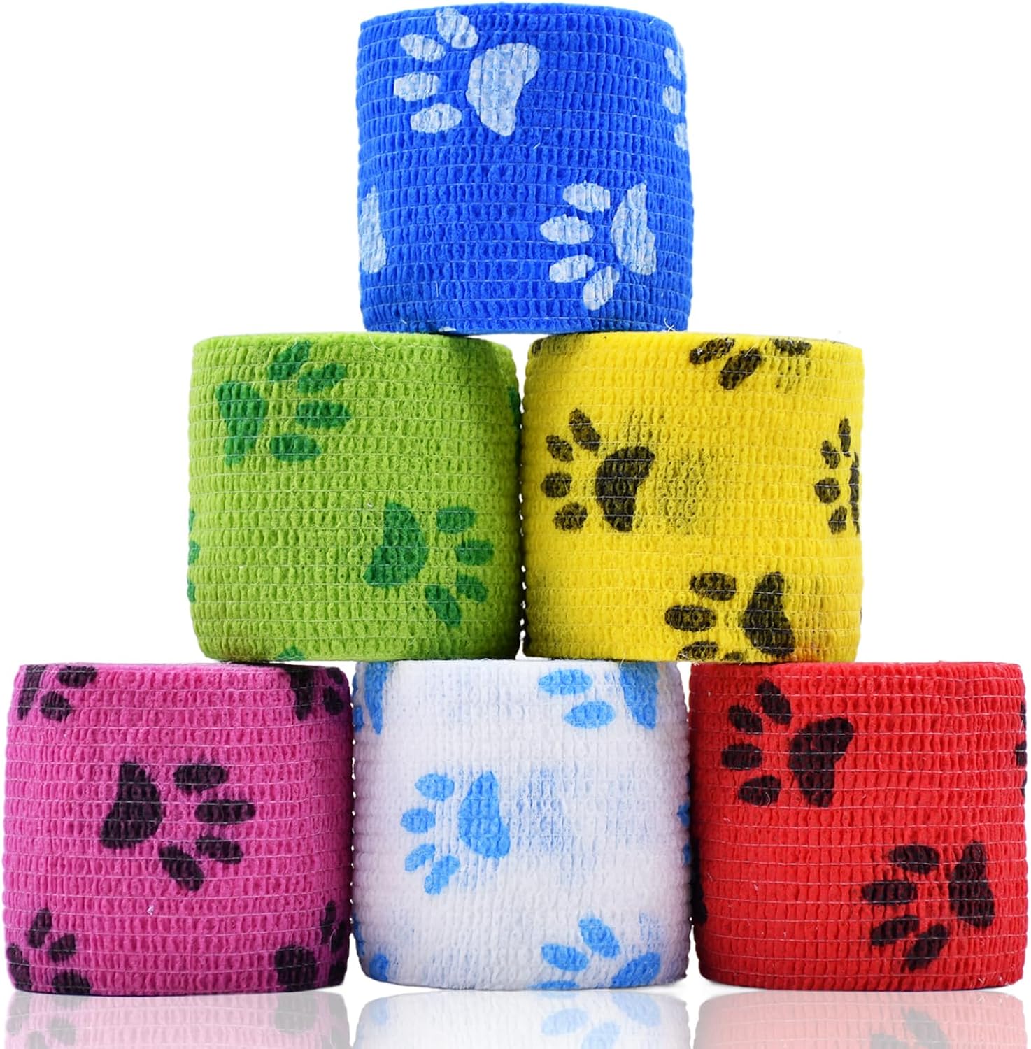 6 Roll 2 Inch x 5 Yards Paw Print Pet Vet Wrap for Dogs Cats, Cohesive Bandages in Bulk, Colorful Non-Woven Self Adhesive Bandages Wrap Roll for Pet Animals Wound Care, Ankle Sprains and Swelling