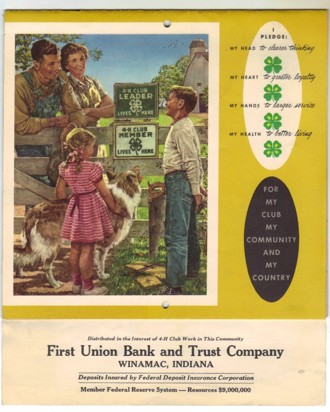 1956 Calendar 4 H Winamac Indiana First Union Bank & Trust Company 4 H Club Books