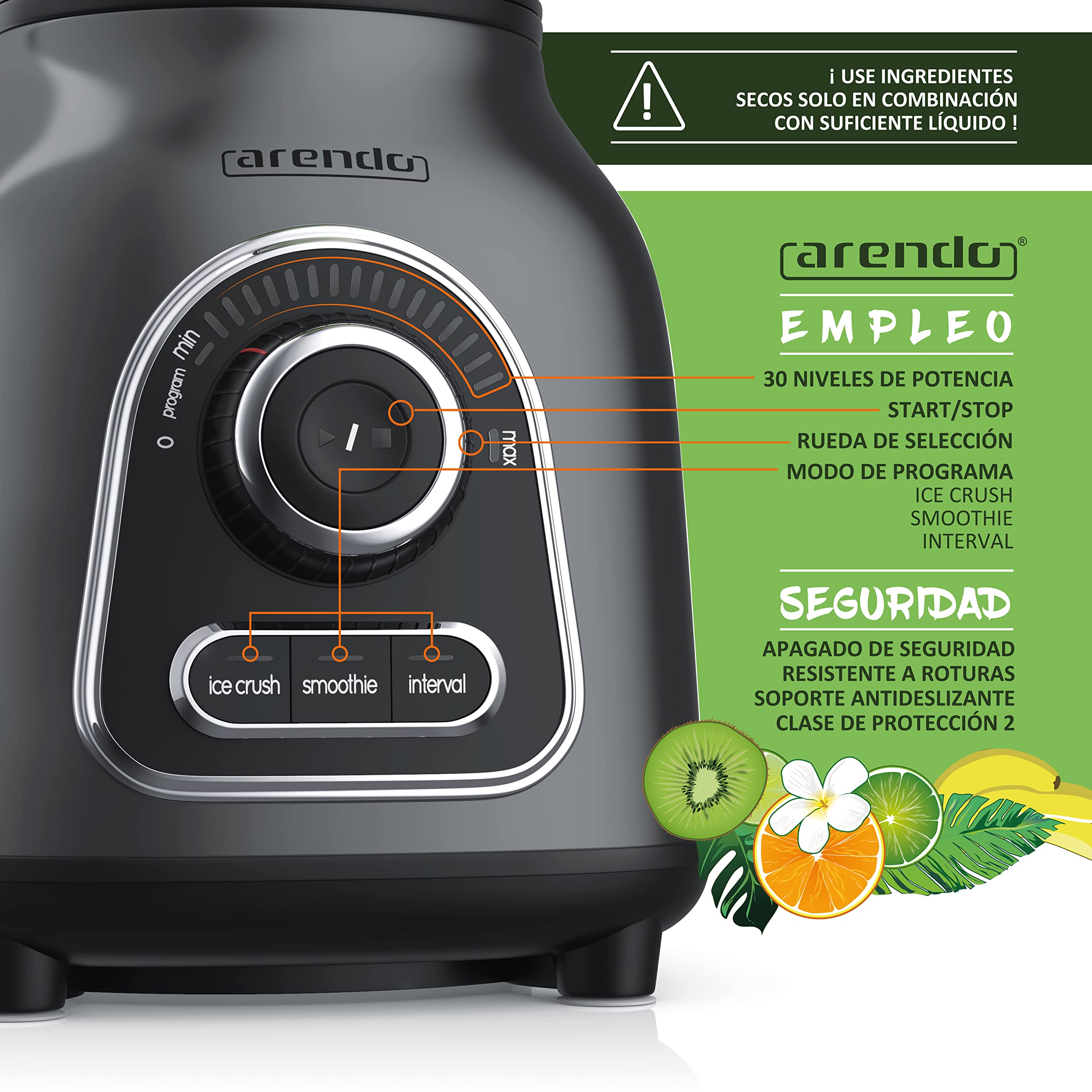 Arendo - Batidora de vaso eléctrica - Recipiente 1,75 L - Potente picadora 1400W - Batidor con 6 cuchillas de acero inoxidable - Tapa de relleno - 30 velocidades - Para batidos salsas hielo picado