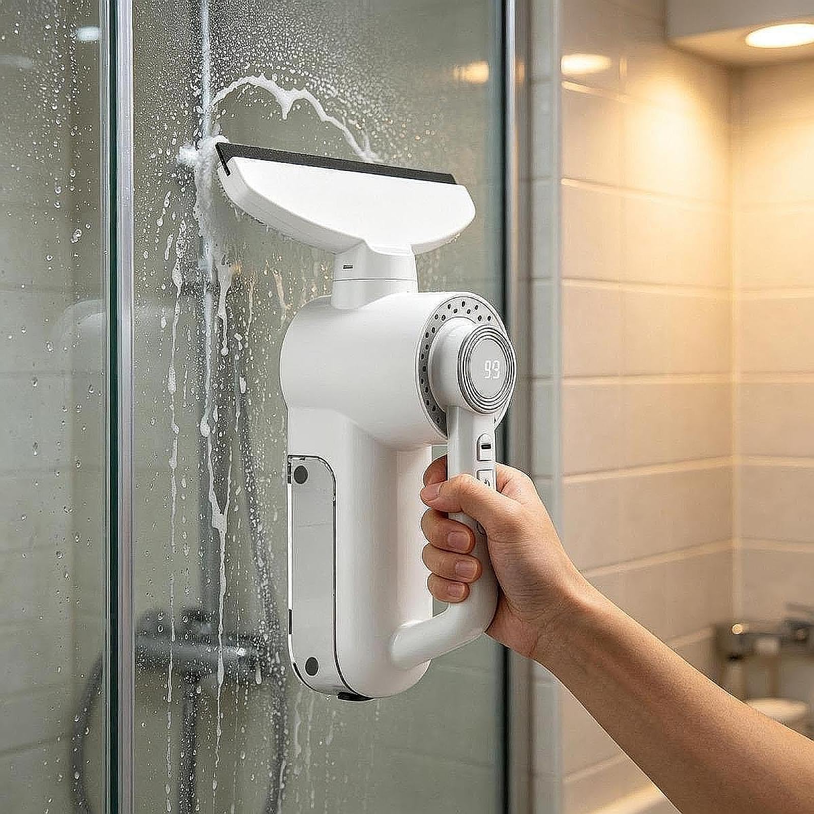 Yajuyi Lavavetri Elettrico con Spazzola a Ventosa, Funzione di Spruzzo d'Acqua, Display a Pratico Serbatoio dell'Acqua per La Pulizia di Piastr, Argento