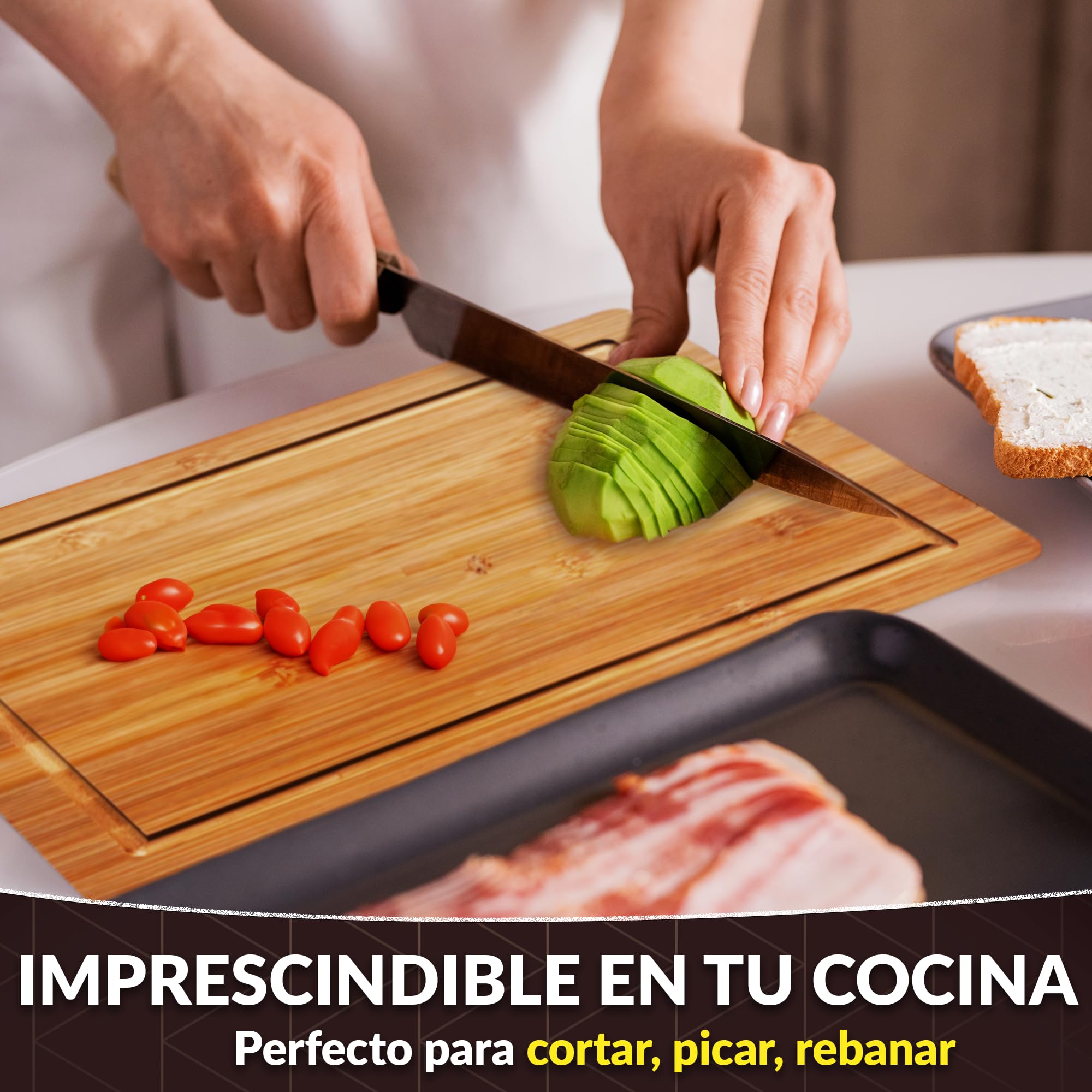 Tabla Cortar Cocina Madera con Set de 3 Cuchillos Profesional. Juego de Utensilios de Cocina Incluye Tabla de Cortar Cocina Madera de Bambú de 35x25x1cm y Cuchillos Ideal para Picar y Cortar Alimentos