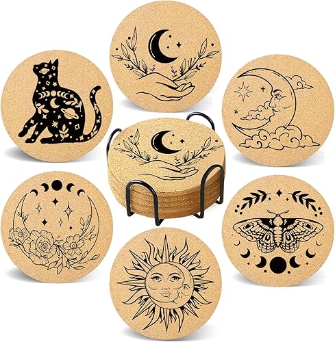 Portavasos para bebidas con soporte, juego de 6, posavasos vintage de madera de corcho absorbente de sol y luna para tazas, escritorio, oficina,