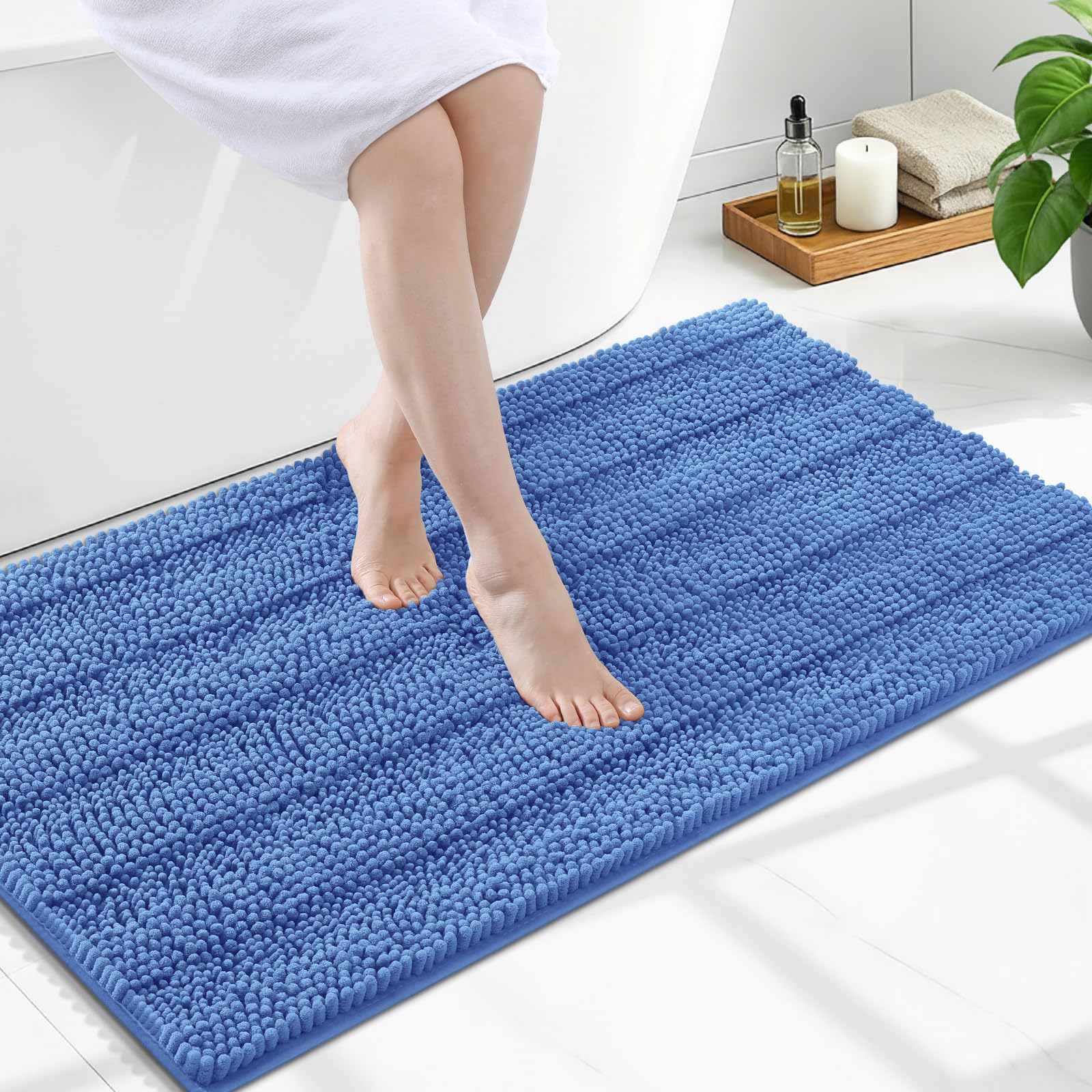 Grandaily Chenille Bathroom Rugs 47x24, Soft Bath Mats, Cornflower Blue