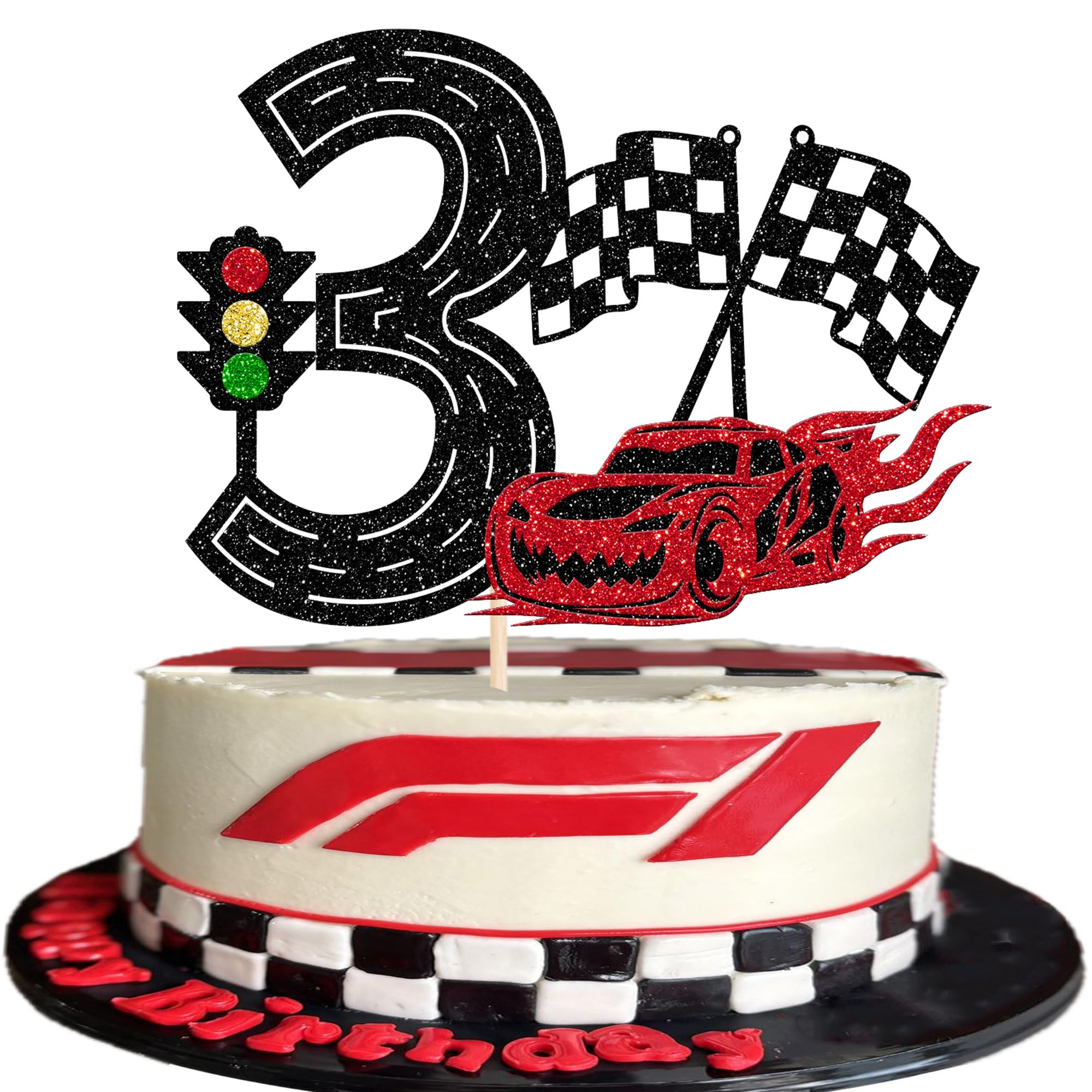 1 x Racing Car Cake Decoration Happy 3rd Birthday Cake Topper Glitter Traffic Light Checked Flag Cake Decoration for Race Theme Baby Shower Boys Girls Birthday Party Cake Decorations