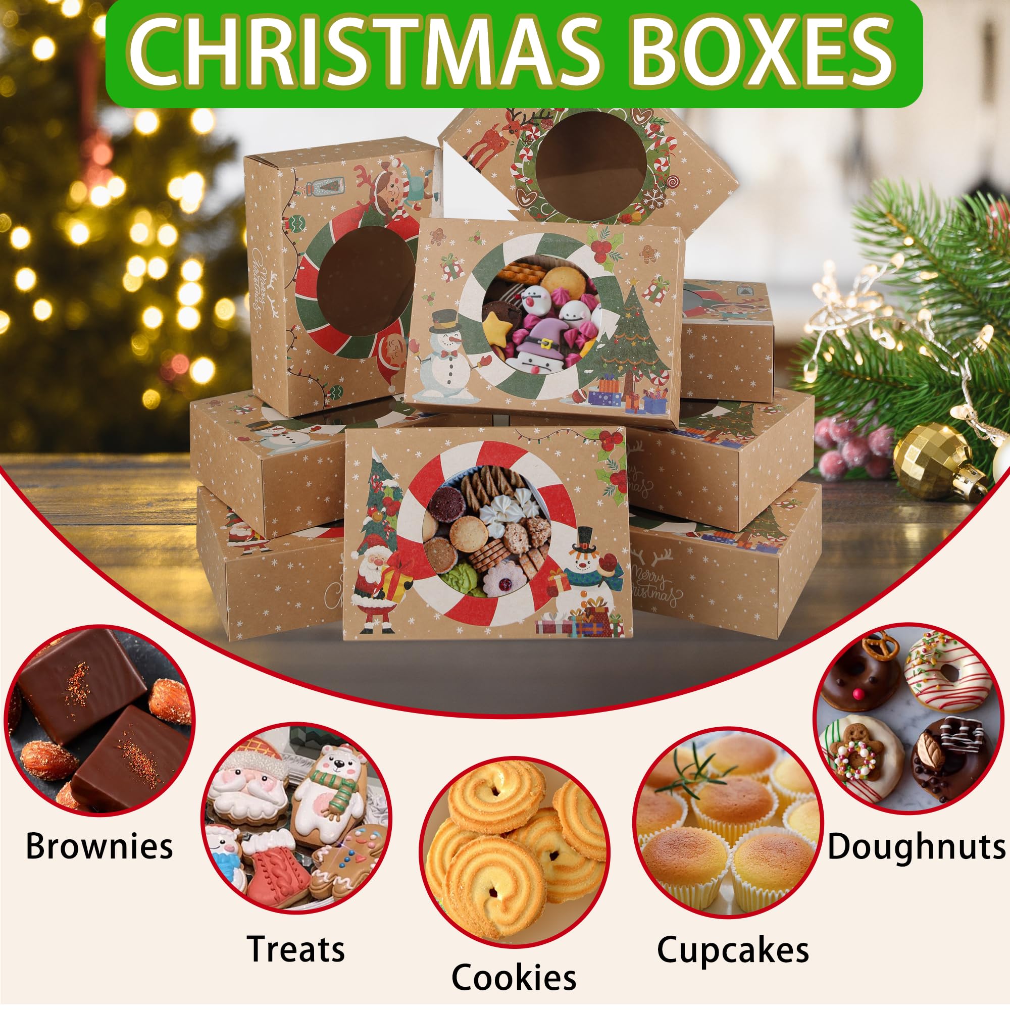 Zzrywuty Cajas de galletas de Navidad para regalo, cajas de panadería de Navidad con ventana, cajas de regalo de Navidad para pastelería, postre, cupcakes, mini pasteles, dulces y donas (12 unidades)