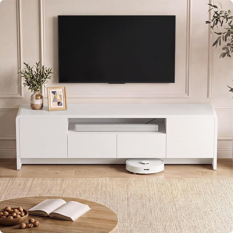 YESHOMY 70" Curved TV Stand for 75 Inch TV, Modern Wood Media Console