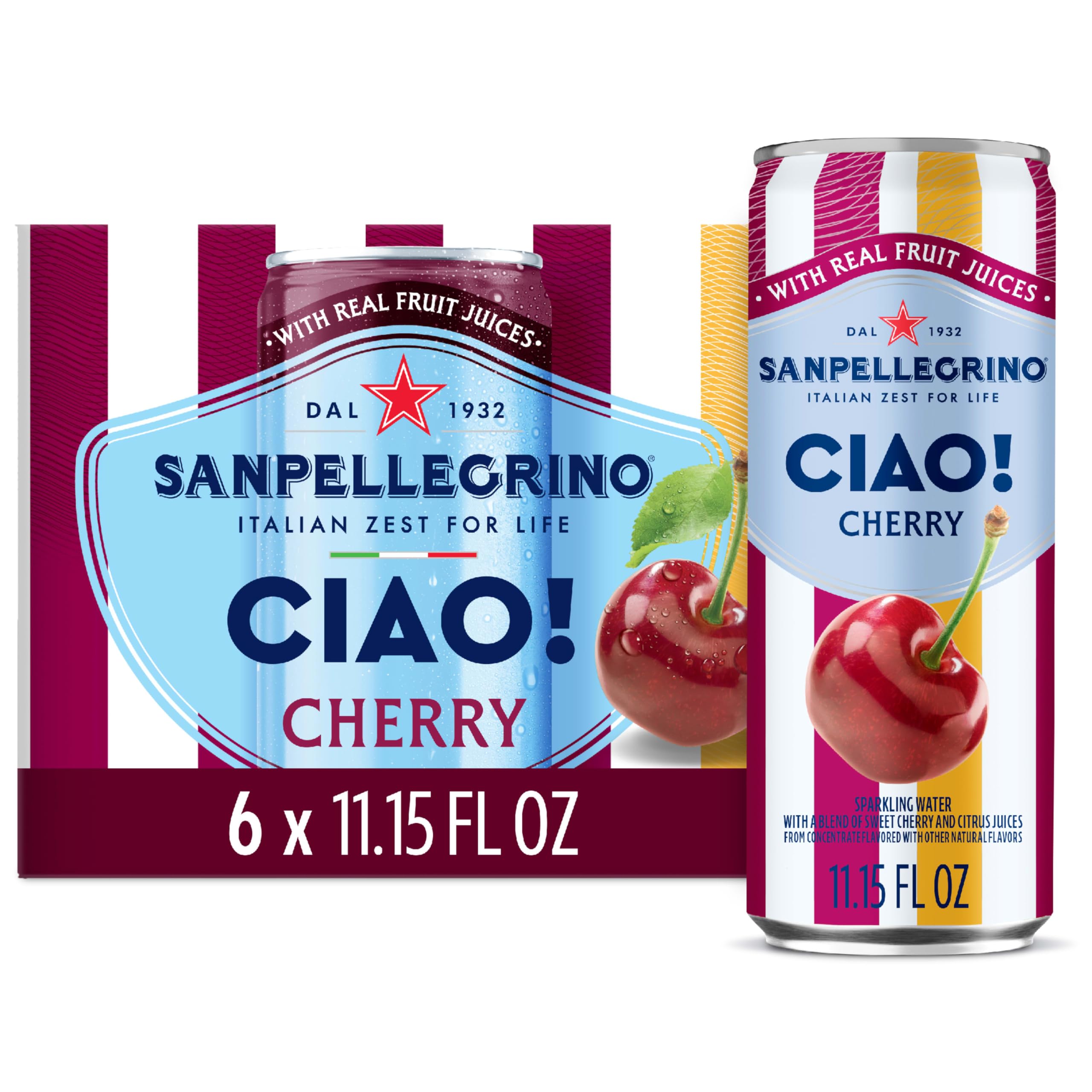 Sanpellegrino CIAO! Cherry Sparkling Water, Low-Calorie Italian Sparkling Water with Real Fruit Juices, 0g Added Sugar, 6-Pack